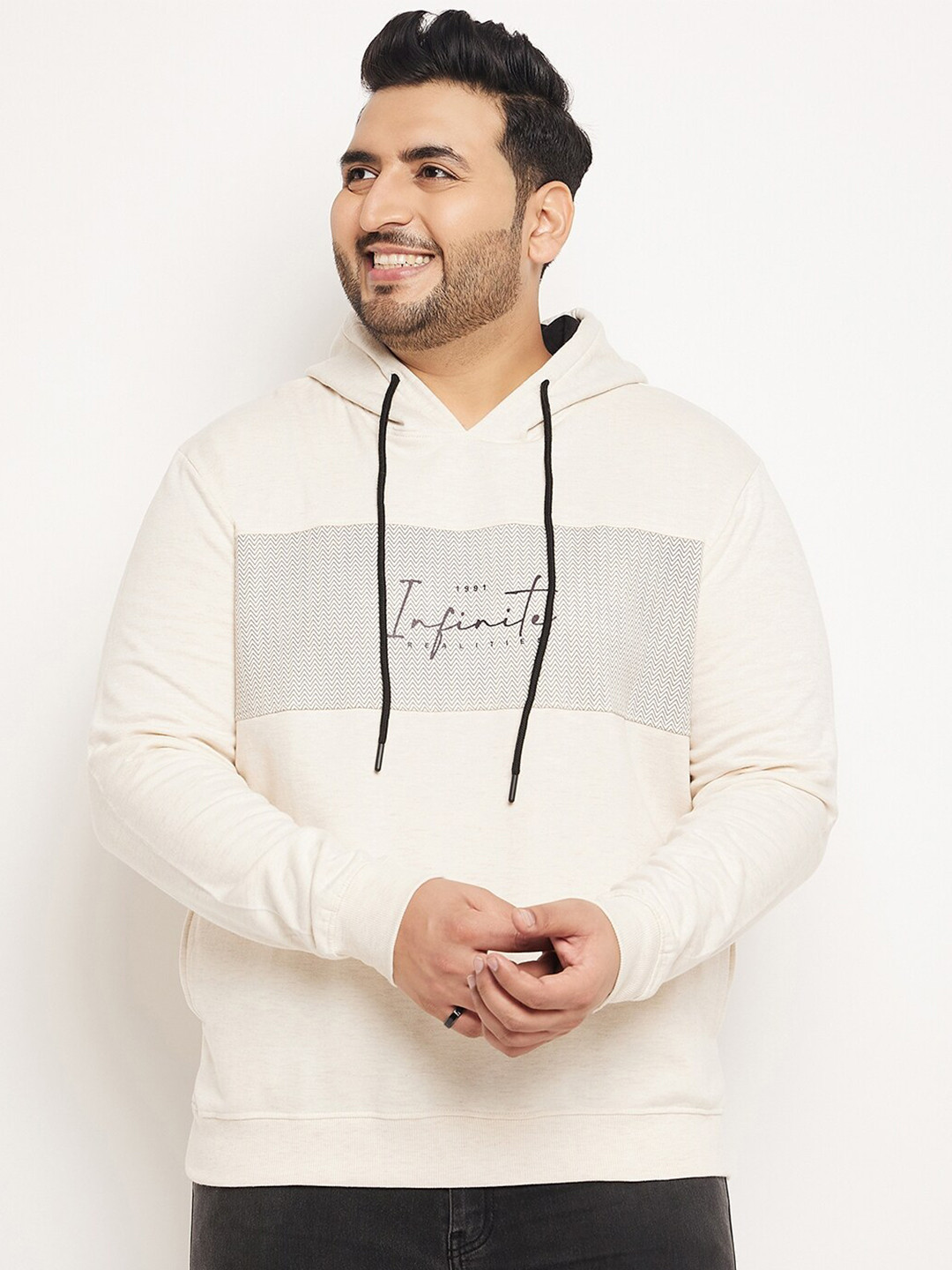 

AUSTIVO Plus Size Typography Printed Hooded Fleece Pullover, Cream
