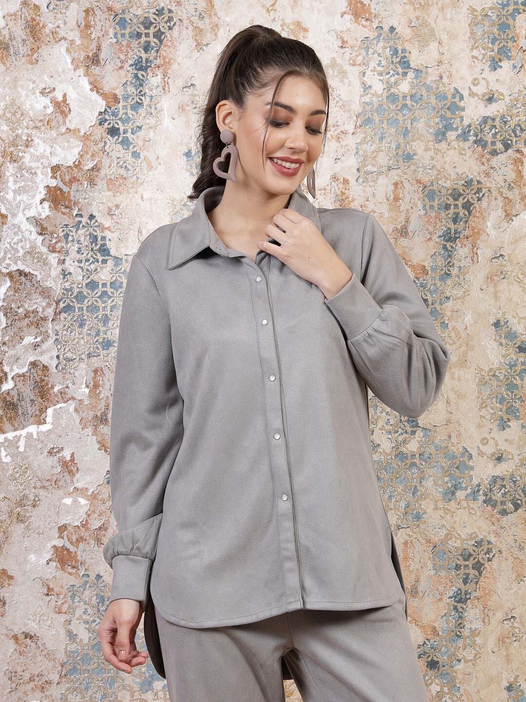 

Athena Long Sleeves High-Low Longline Shirt, Grey