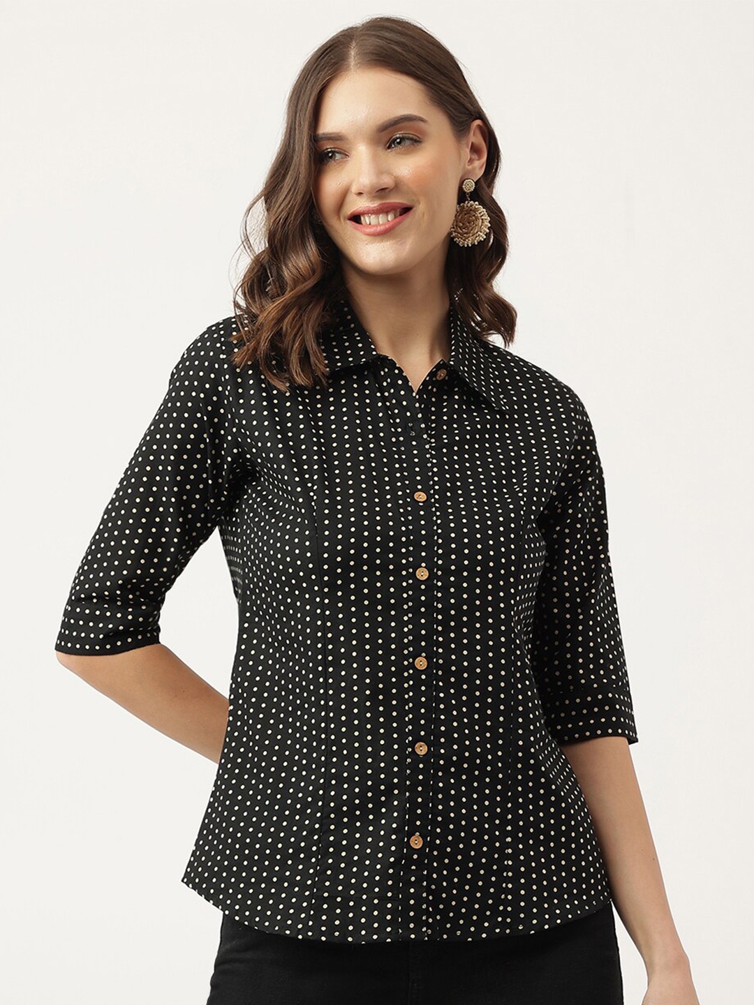 

KALINI Classic Polka Dot Printed Spread Collar Casual Shirt, Black