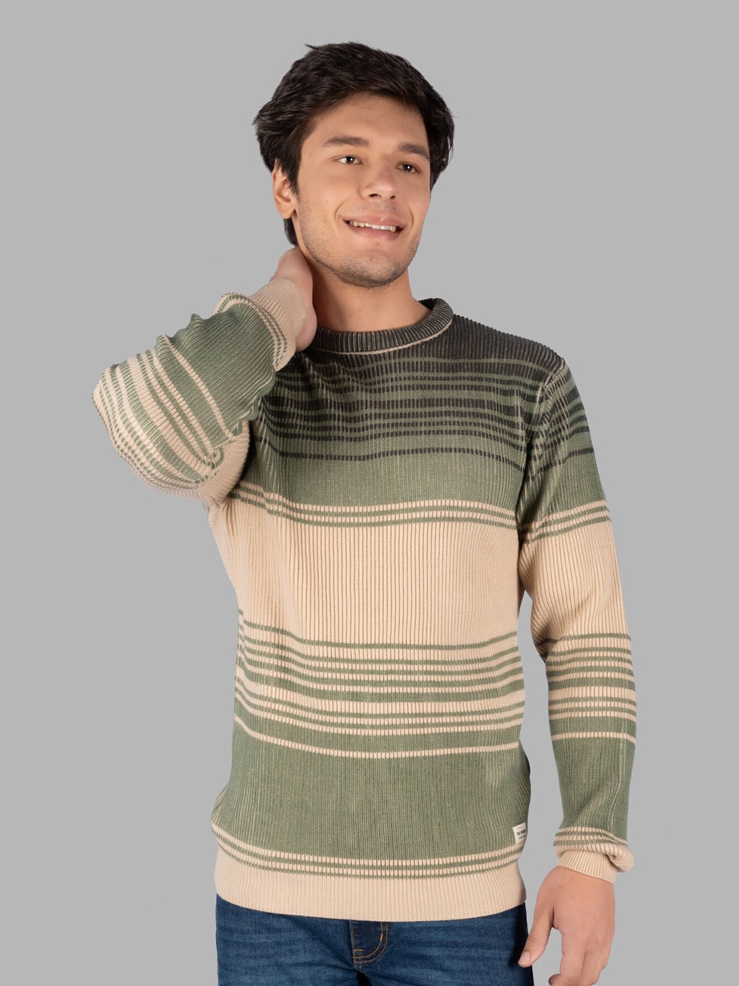 

TIM PARIS Round Neck Striped Cotton Pullover, Olive