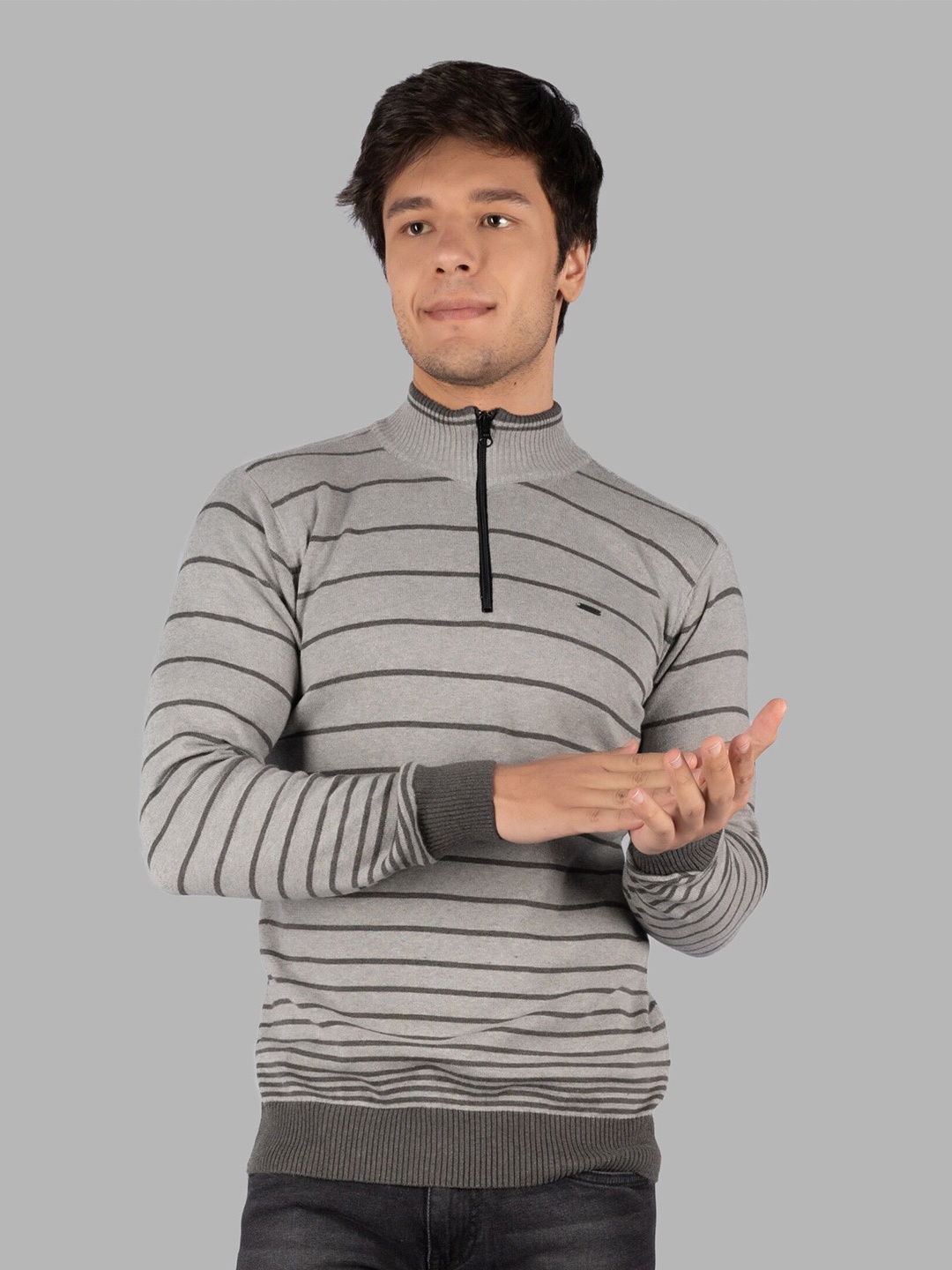 

TIM PARIS Mock Collar Striped Cotton Pullover, Grey