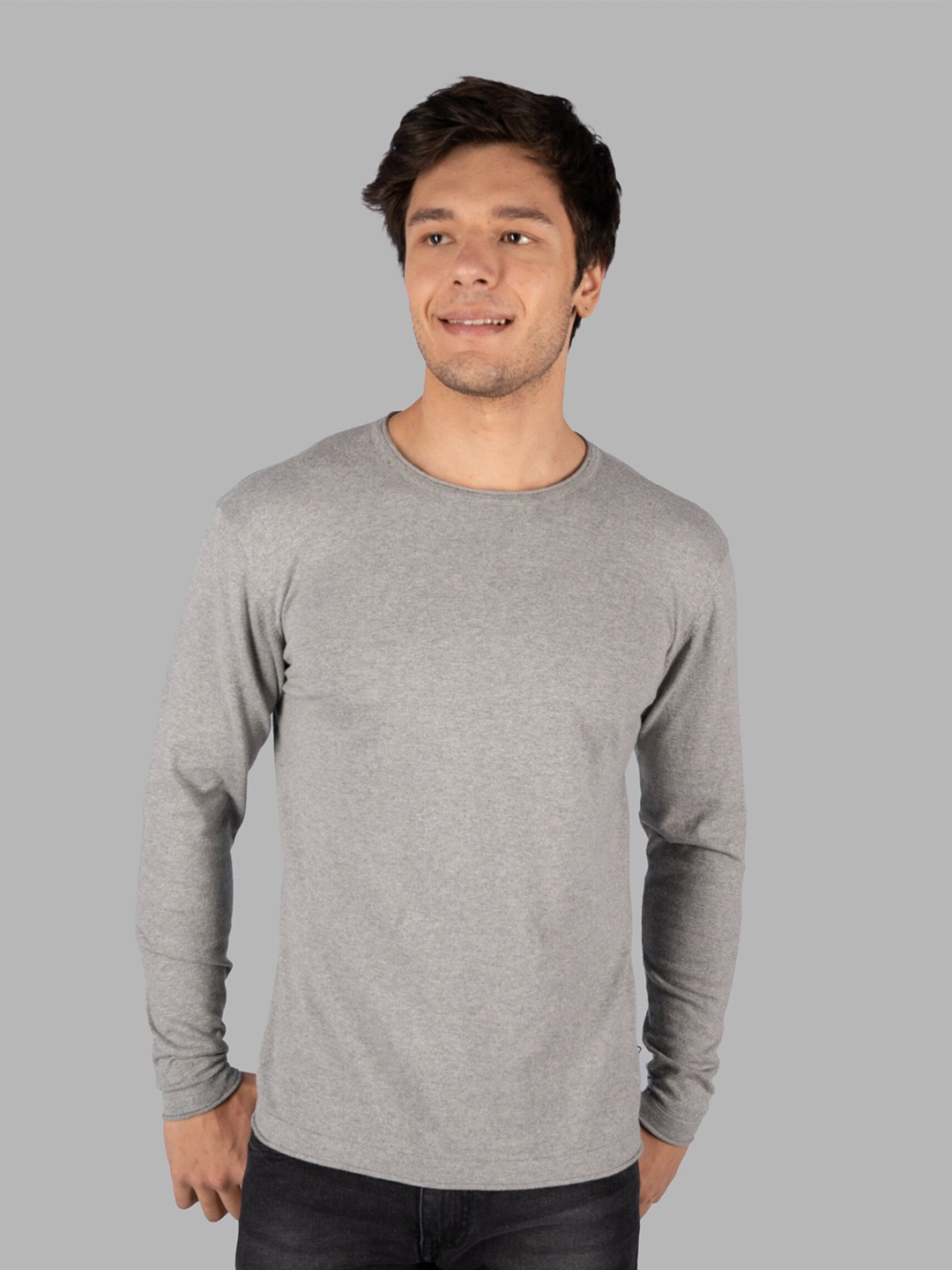 

TIM PARIS Round Neck Long Sleeves Cotton Pullover Sweater, Grey