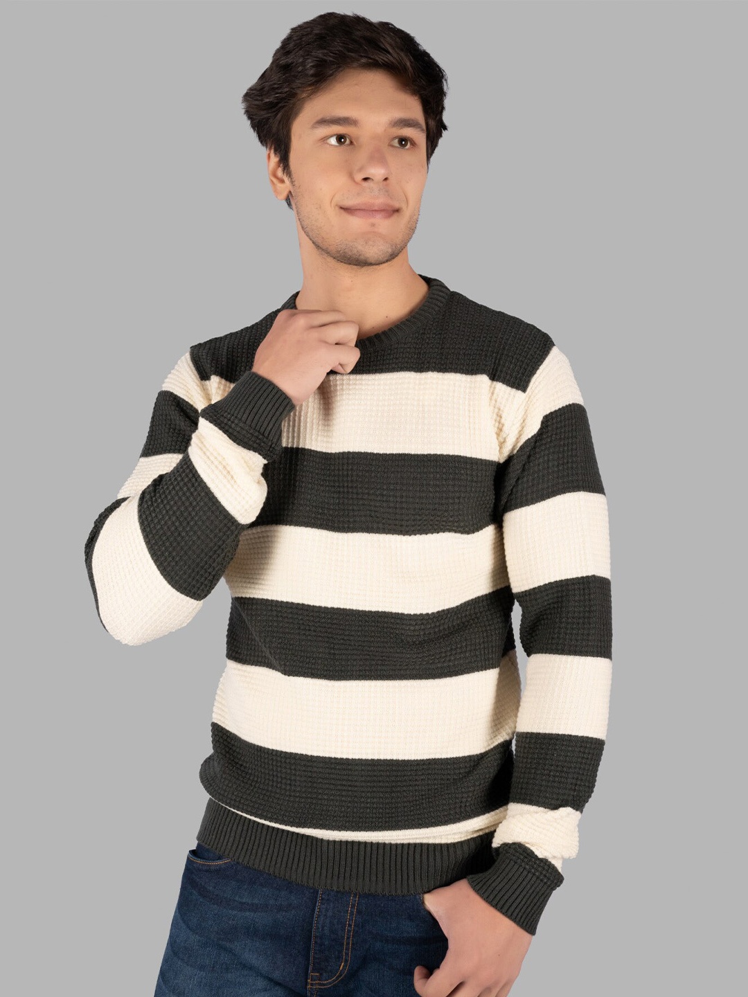 

TIM PARIS Striped Long Sleeves Cotton Pullover Sweater, Cream