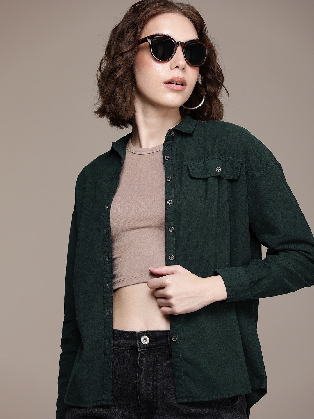 

Roadster Corduroy Pure Cotton Casual Shacket, Green