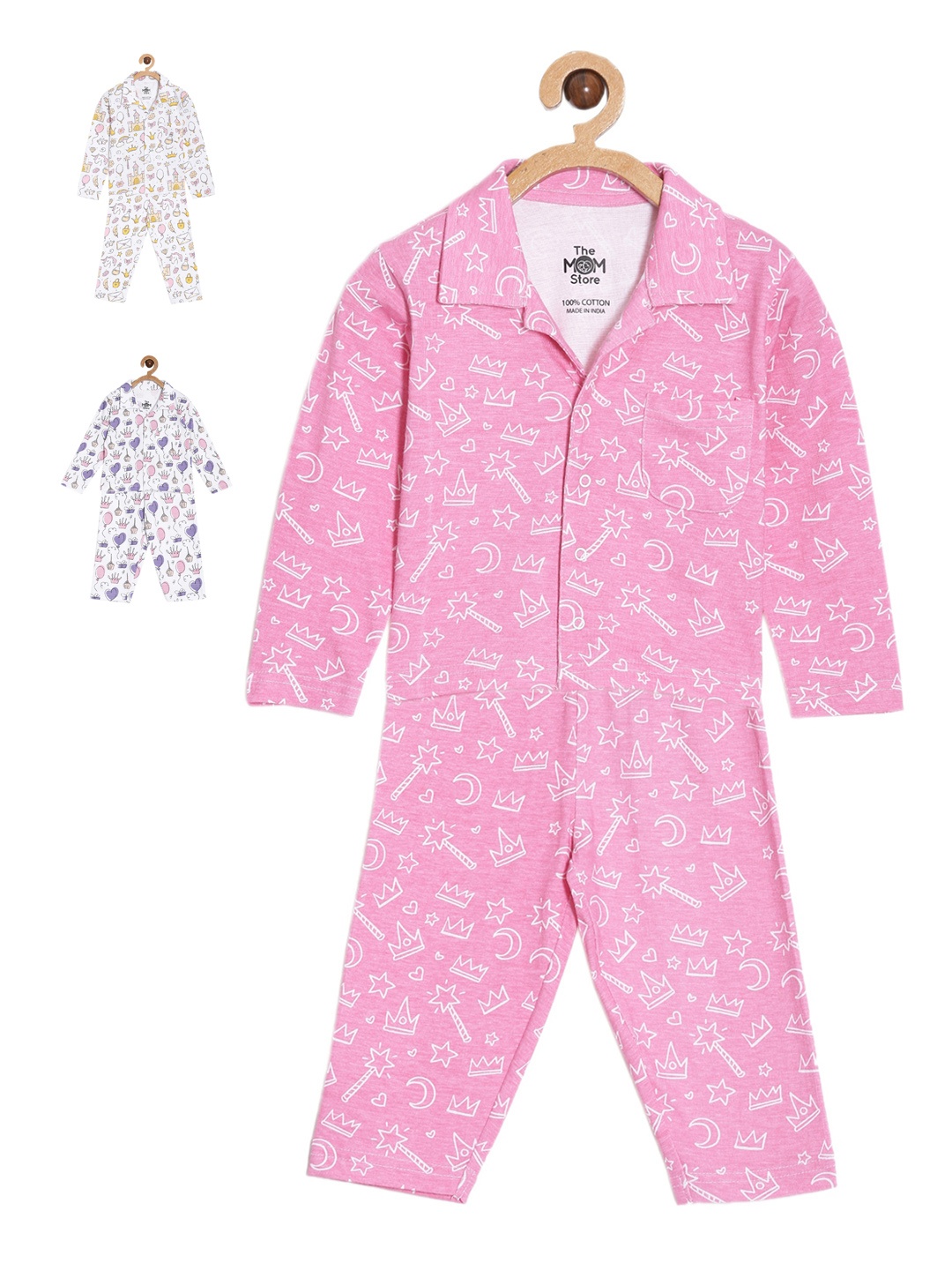 

The Mom Store Kids Pack Of 3 Conversational Printed Pure Cotton Night suit, White