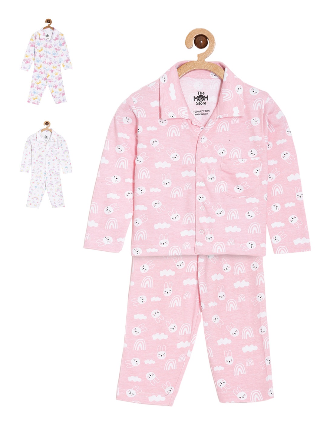 

The Mom Store Infant Kids Pack Of 3 Graphic Printed Pure Cotton Night suit, White