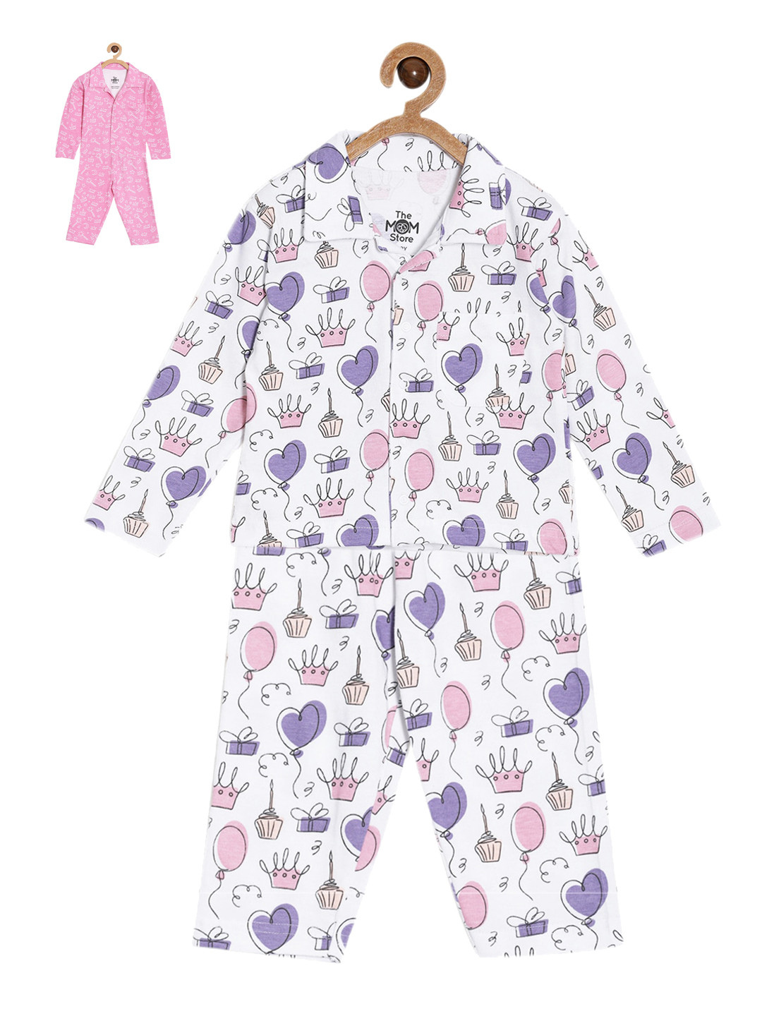 

The Mom Store Infant Girls Pack Of 2 Conversational Printed Pure Cotton Night suit, White