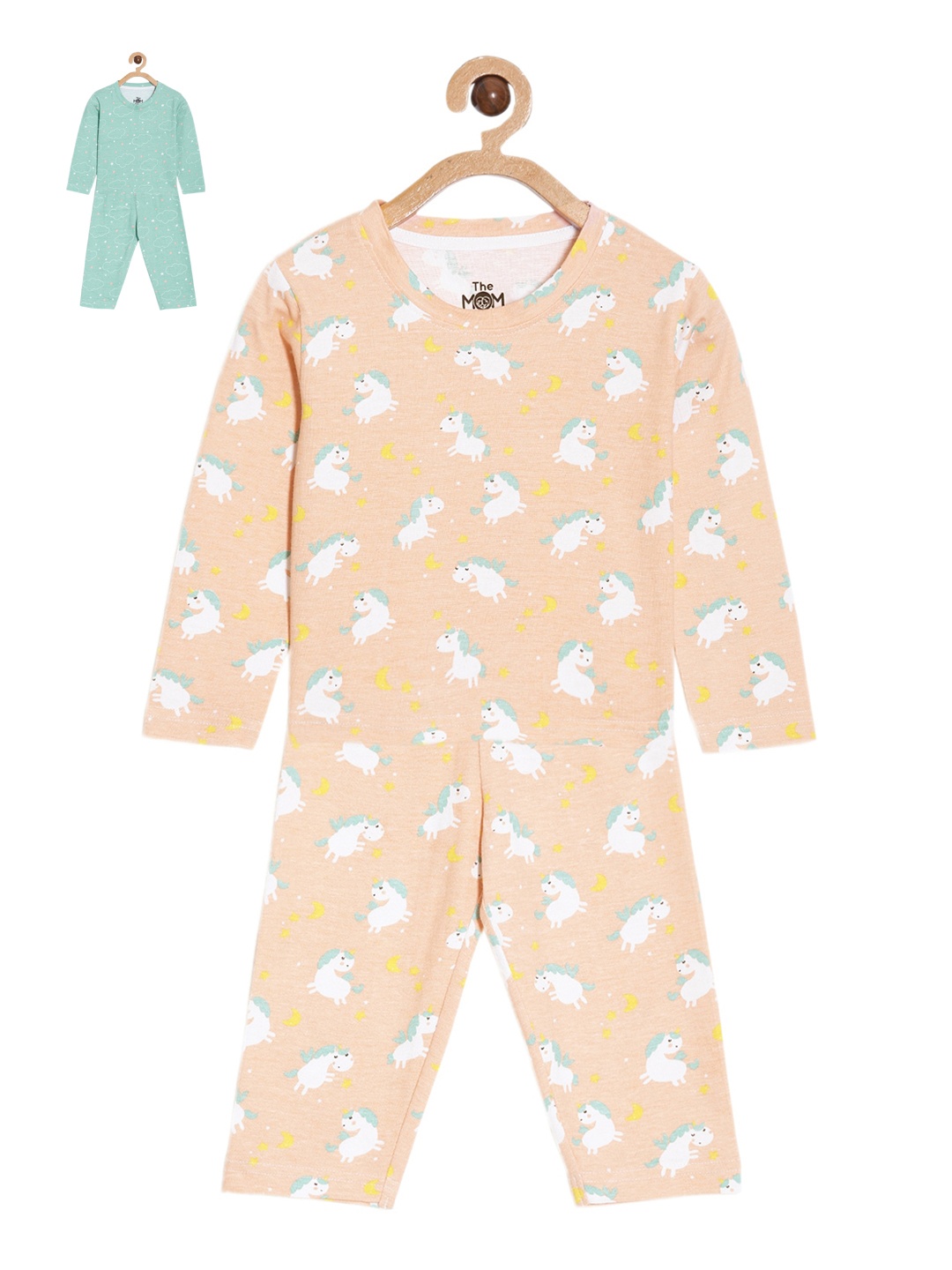 

The Mom Store Infant Kids Pack Of 2 Graphic Printed Pure Cotton Night suit, Beige
