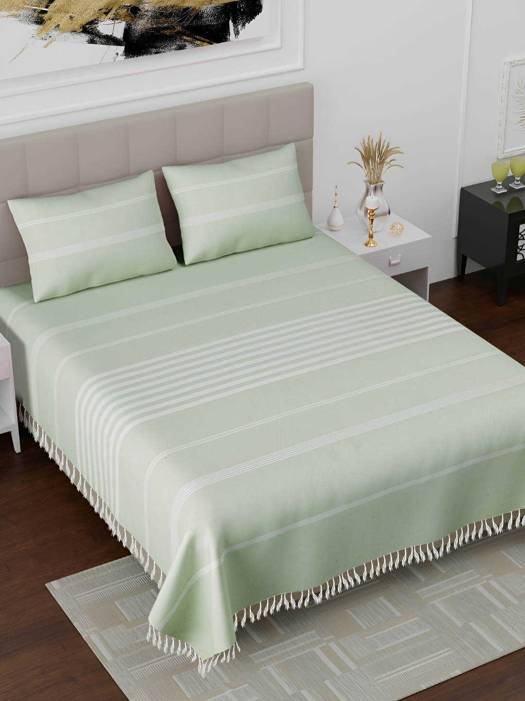 

Homez Sparrow All Seasons Green Striped Cotton 160 TC King Bedsheet with 2 Pillow Covers