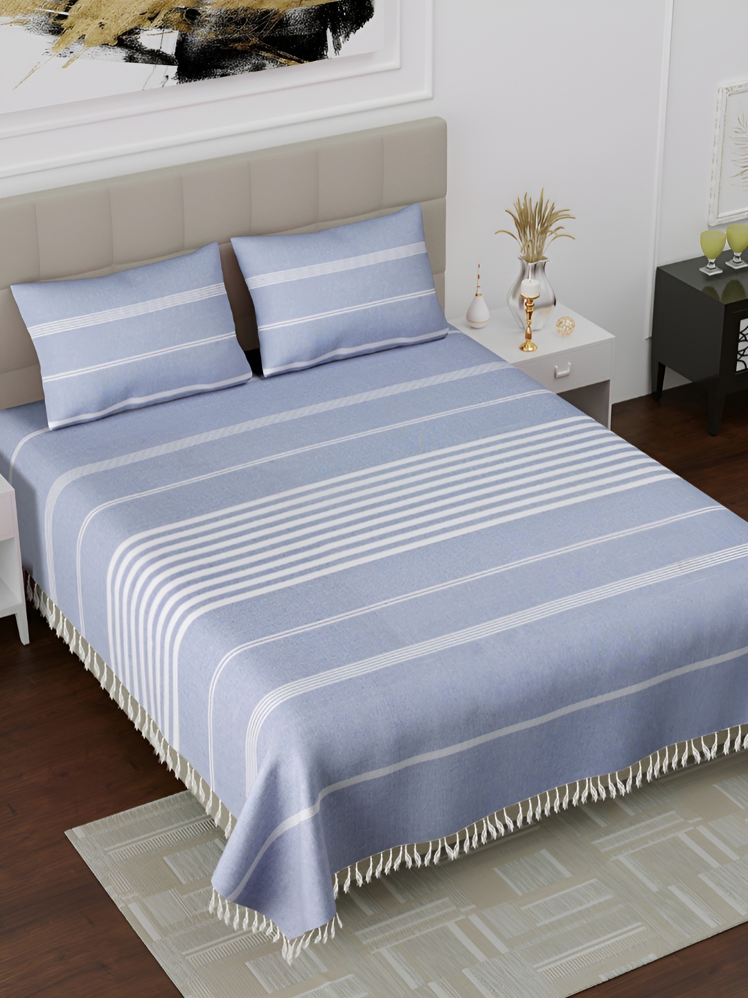 

Homez Sparrow All Seasons Blue Striped Cotton 160 TC King Bedsheet with 2 Pillow Covers