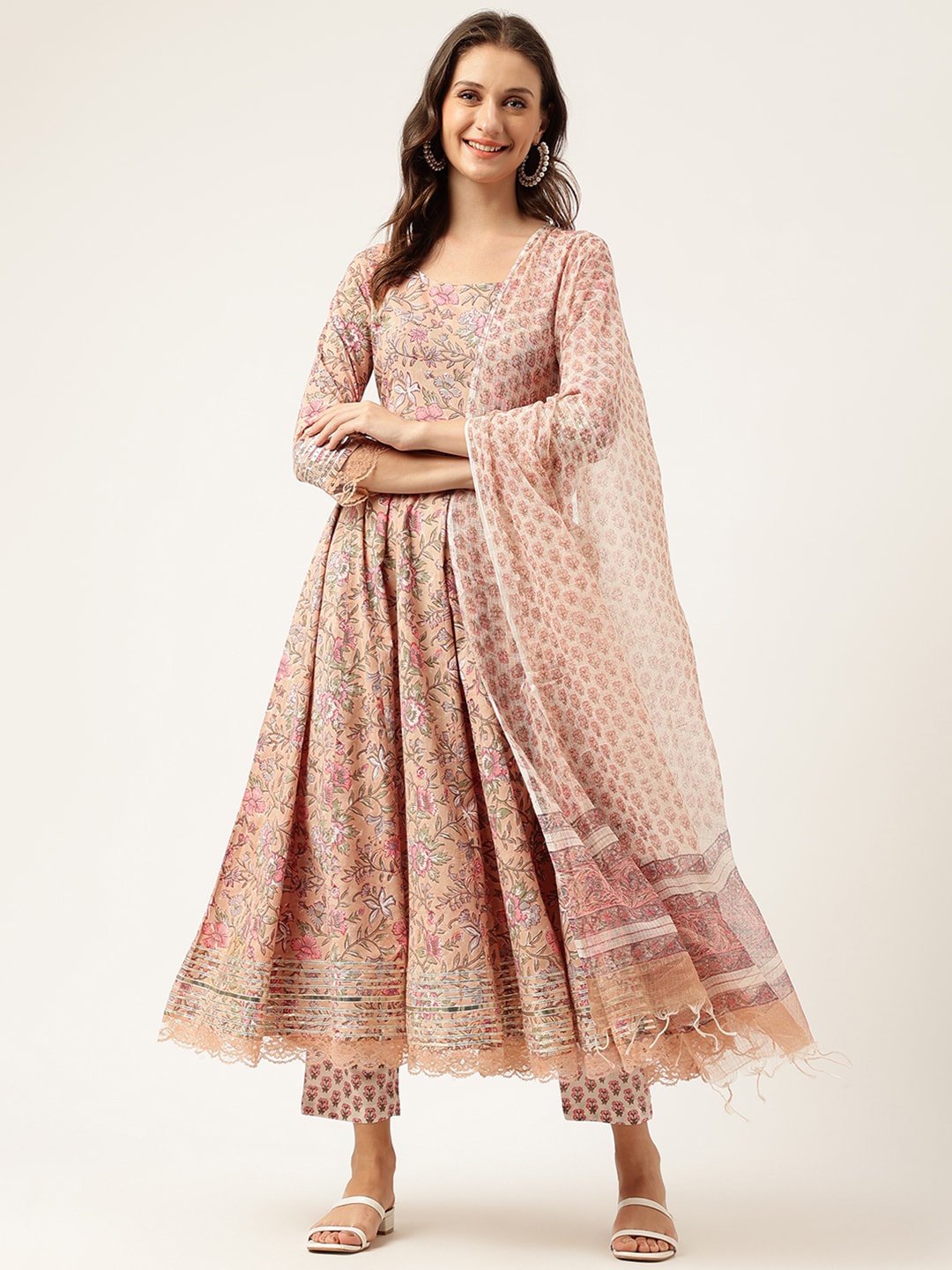 

KALINI Floral Printed Gotta Patti Detail Pure Cotton Anarkali Kurta & Trouser With Dupatta, Beige