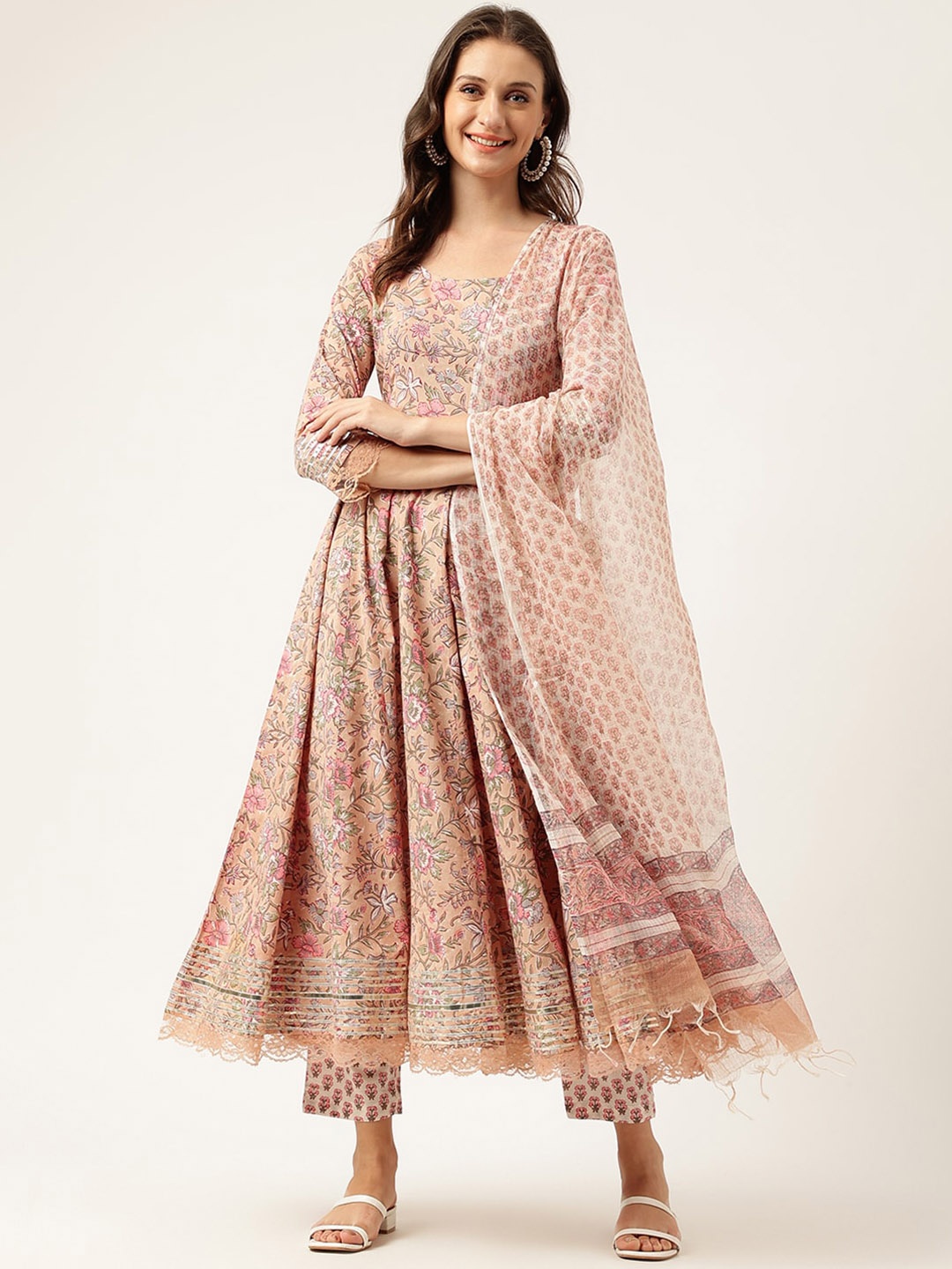 

KALINI Floral Printed Gotta Patti Detail Pure Cotton Anarkali Kurta & Trouser With Dupatta, Beige