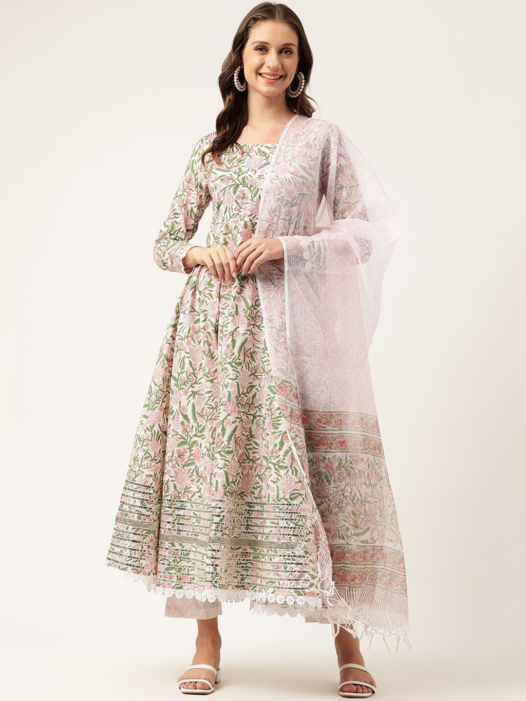 

KALINI Floral Printed Pure Cotton Anarkali Kurta & Trousers With Dupatta, Green