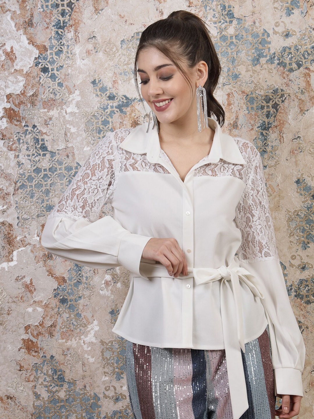 

Athena White Cuffed Sleeves Lace Inserts Shirt Style Top