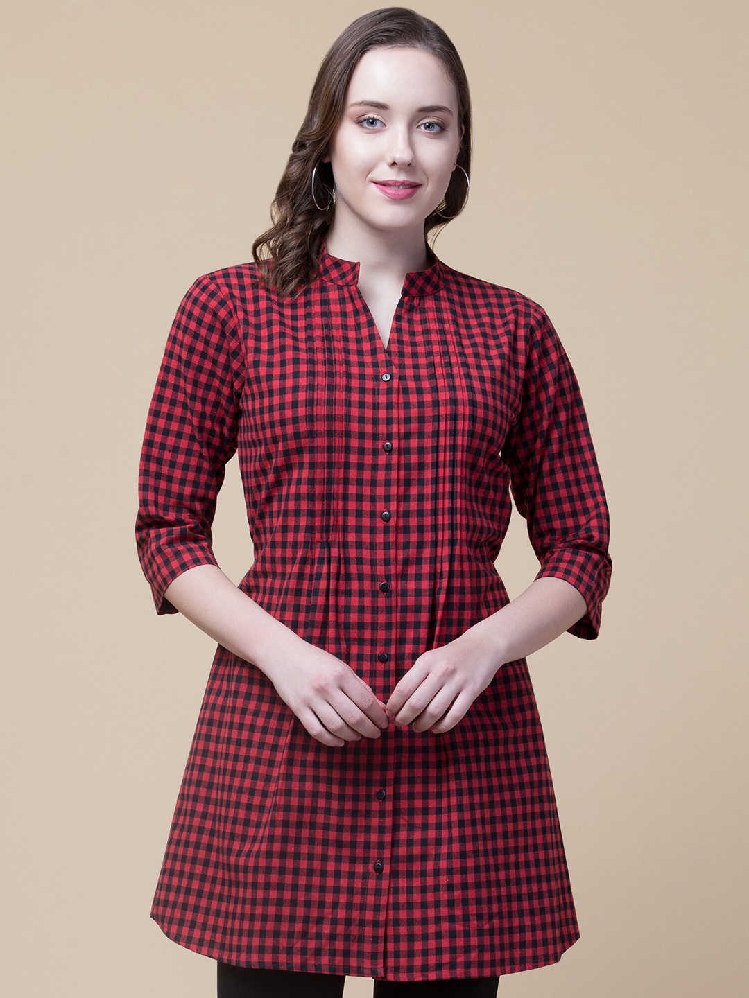 

Hive91 Checked Mandarin Collar Cotton Tunic, Red