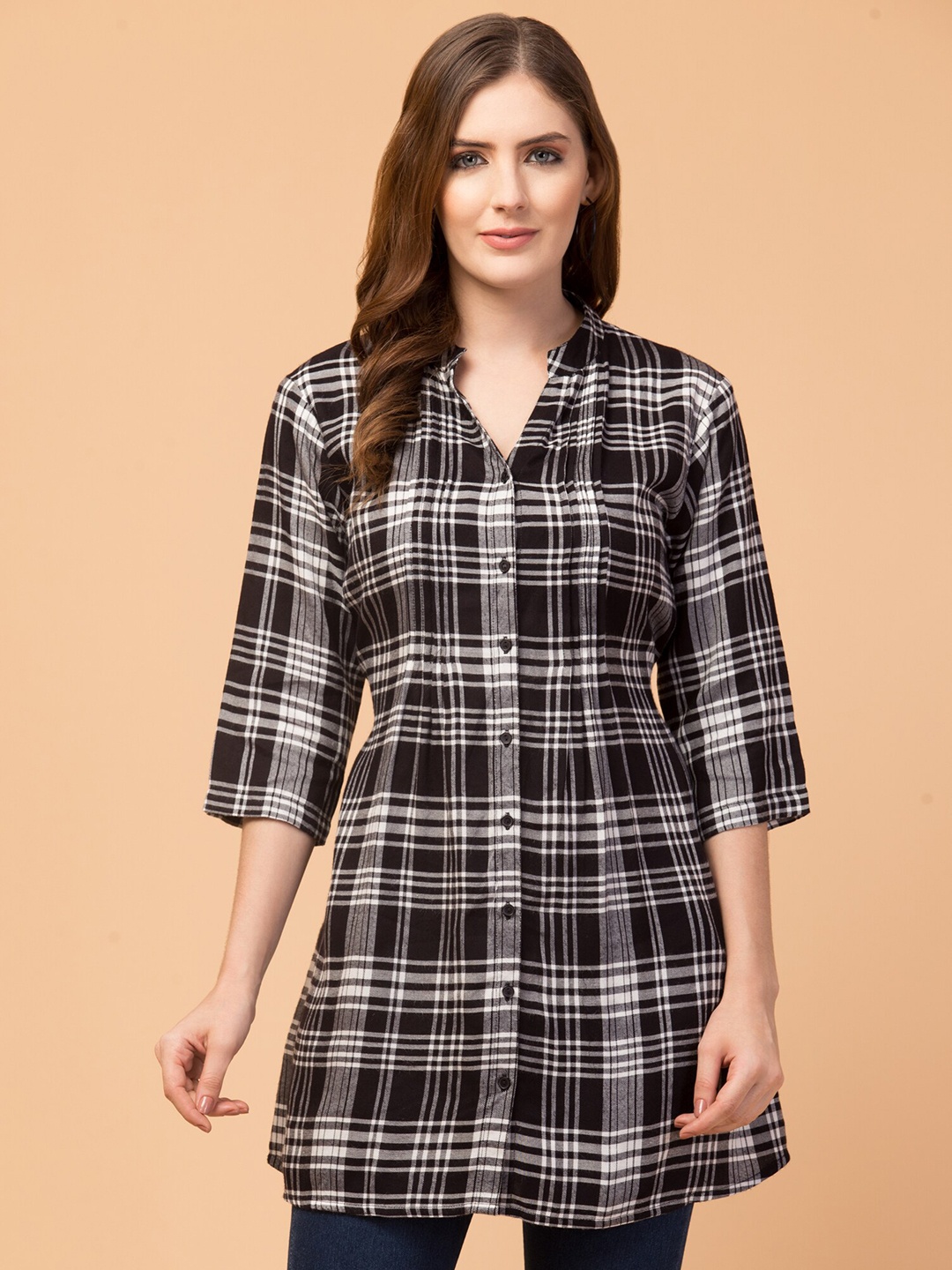 

Hive91 Checked Mandarin Collar Cotton Tunic, Black