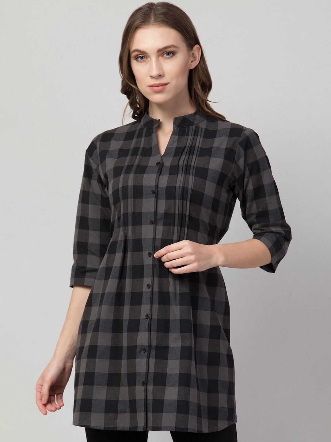 

Hive91 Checked Mandarin Collar Cotton Tunic, Grey