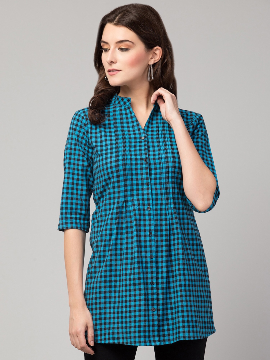 

Hive91 Checked Mandarin Collar Cotton Tunic, Blue