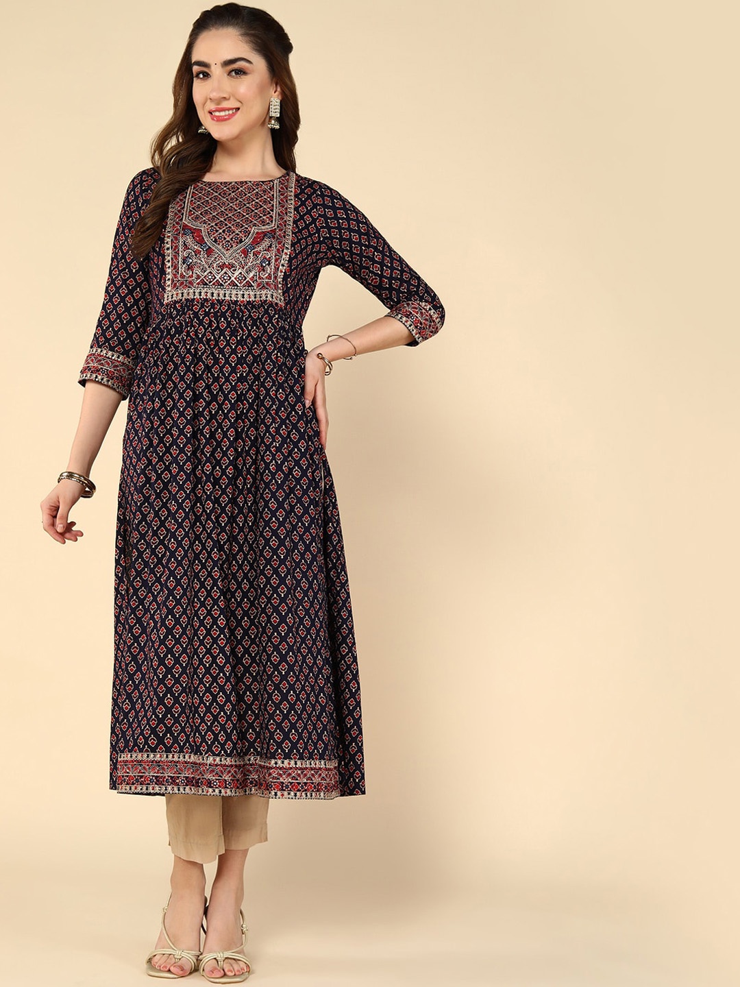 

KALINI Ethnic Motifs Printed Thread Work Cotton High Slit Kurta, Maroon