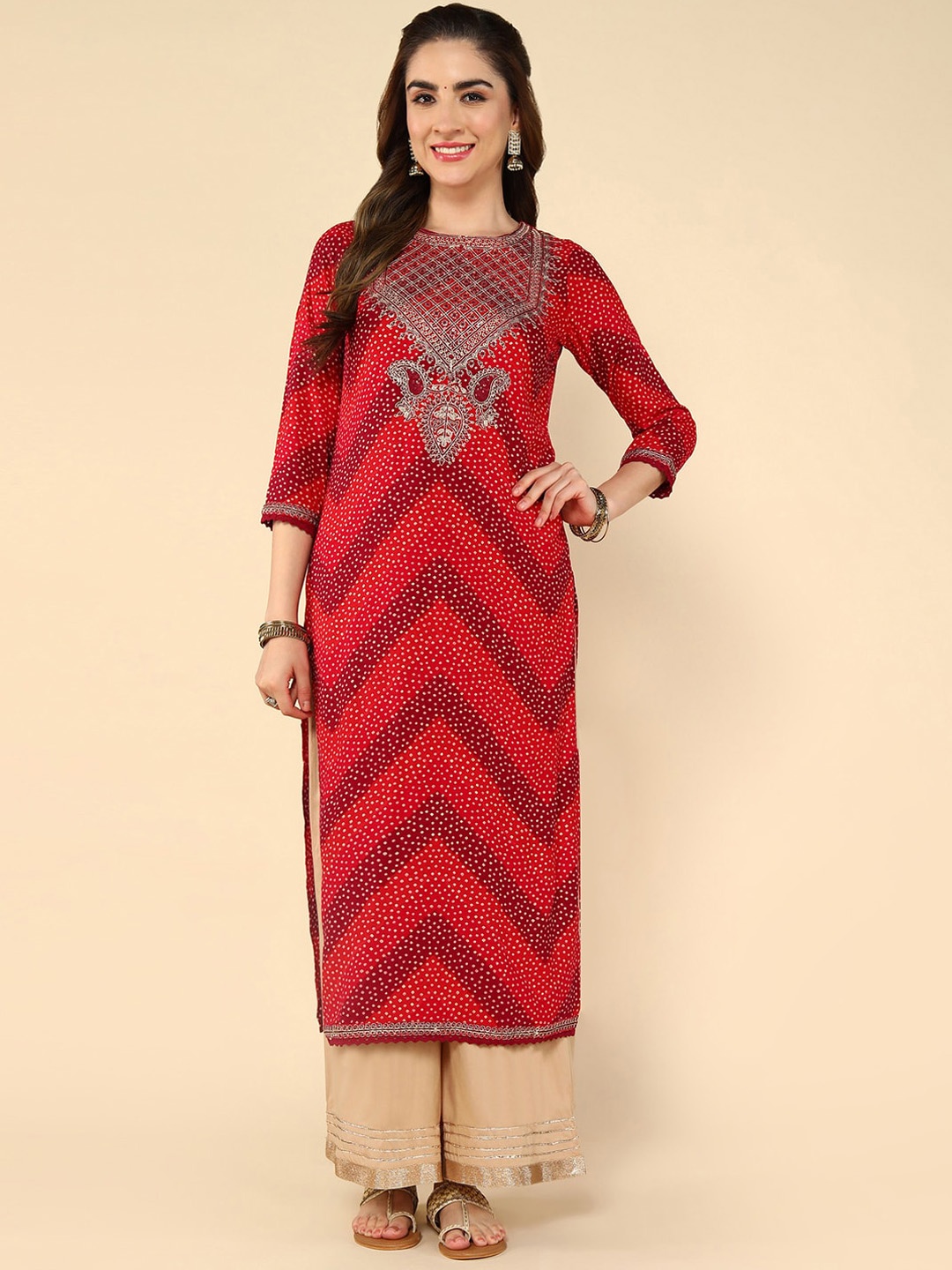 

KALINI Bandhani Printed Round Neck Thread Work Straight Kurta, Maroon