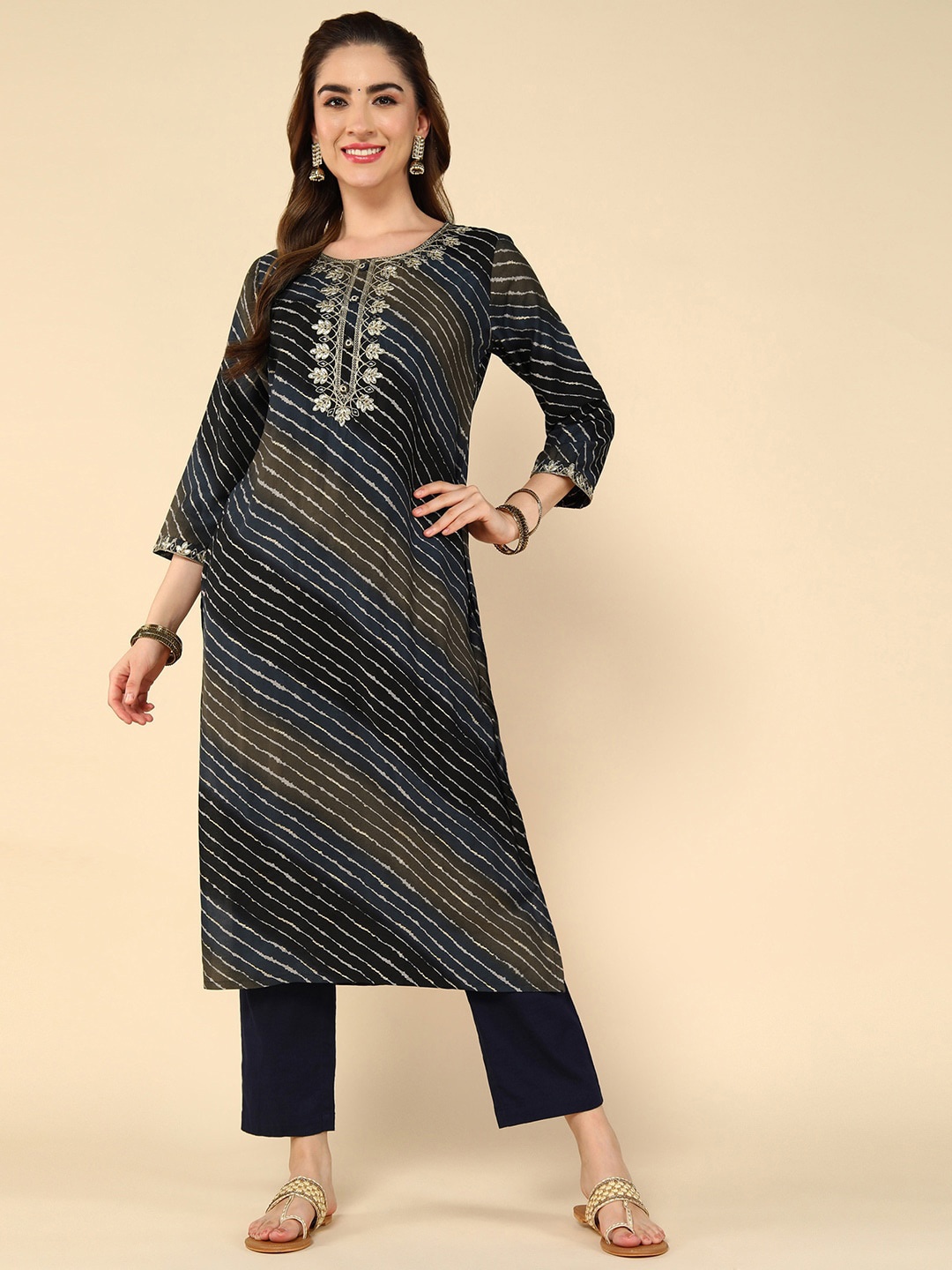 

KALINI Leheriya Printed Round Neck Thread Work Cotton Straight Kurta, Navy blue