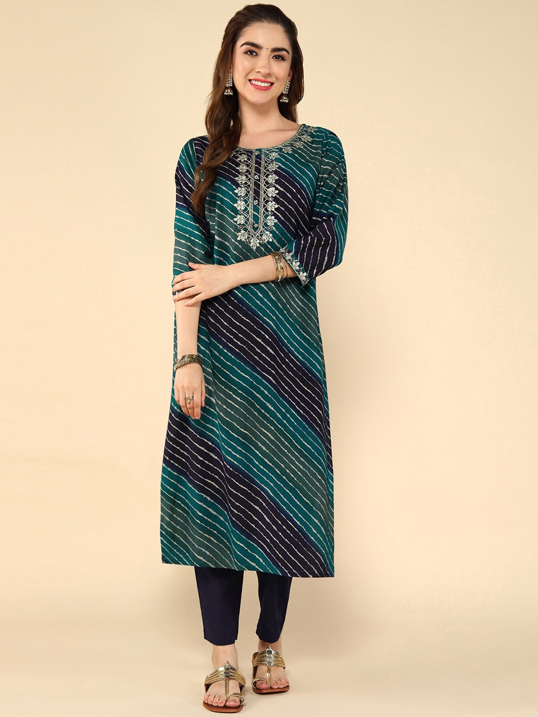 

KALINI Leheriya Printed Round Neck Thread Work Cotton Straight Kurta, Blue