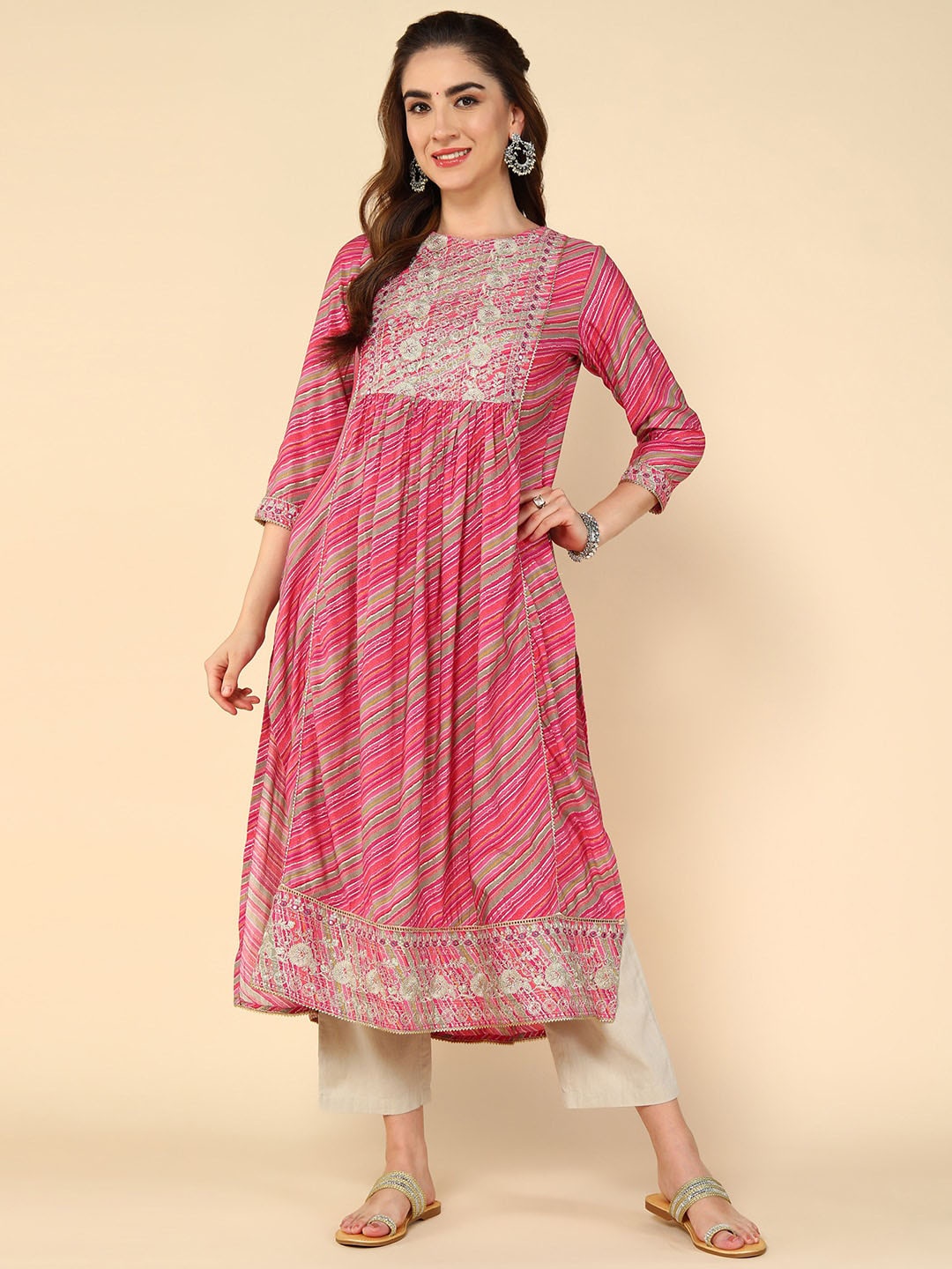 

KALINI Leheriya Printed Round Neck Thread Work A-Line Cotton Kurta, Pink