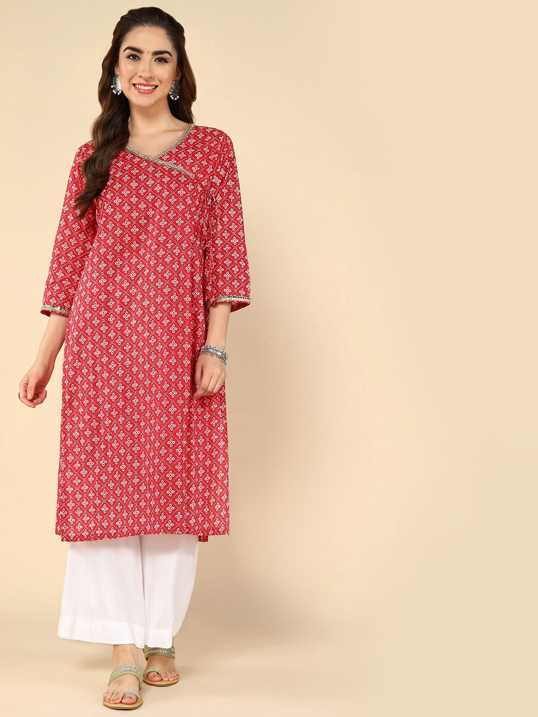 

KALINI Ethnic Motifs Printed V-Neck Gotta Patti Cotton Angrakha Kurta, Red