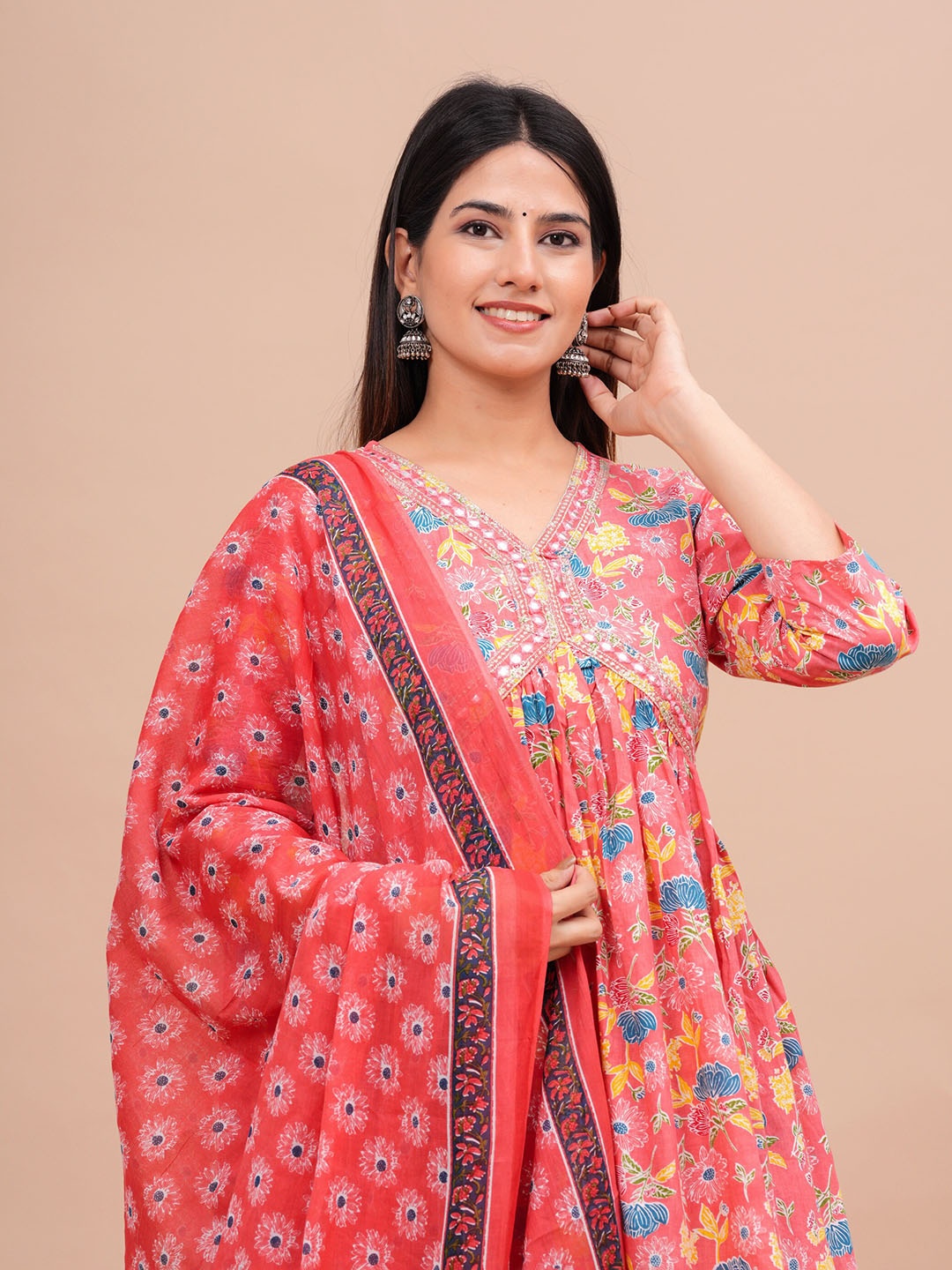 

AVYCO Floral Printed Pure Cotton Kurta With Trousers & Dupatta, Peach