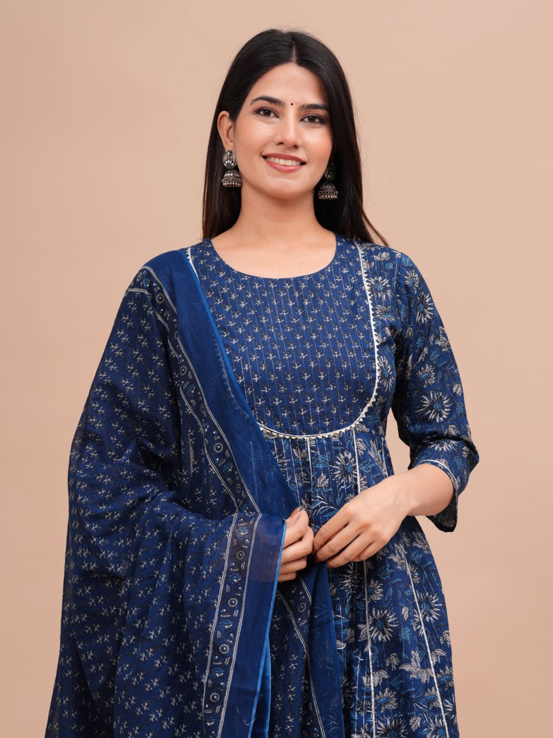 

AVYCO Floral Printed Pure Cotton Gotta Patti Kurta With Trousers & Dupatta, Blue