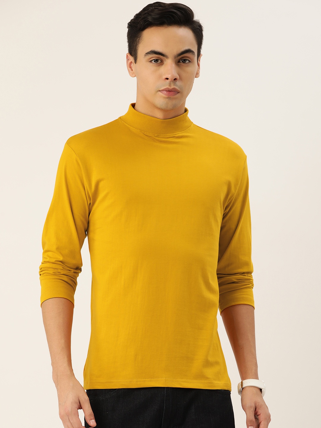 

FERANOID Men High Neck Bio Finish Pure Cotton T-shirt, Mustard