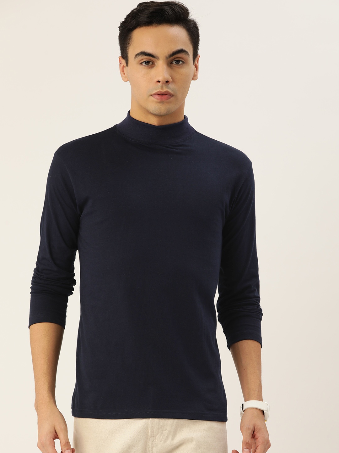 

FERANOID Men High Neck Bio Finish Pure Cotton T-shirt, Navy blue