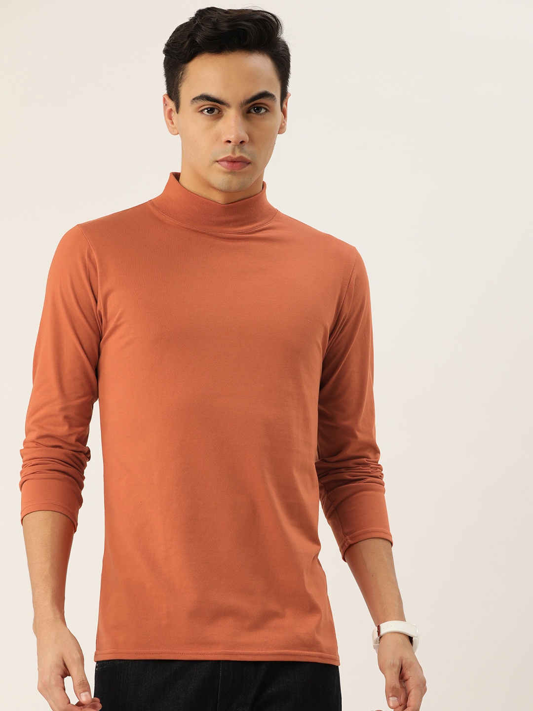 

FERANOID Men High Neck Bio Finish Pure Cotton T-shirt, Rust