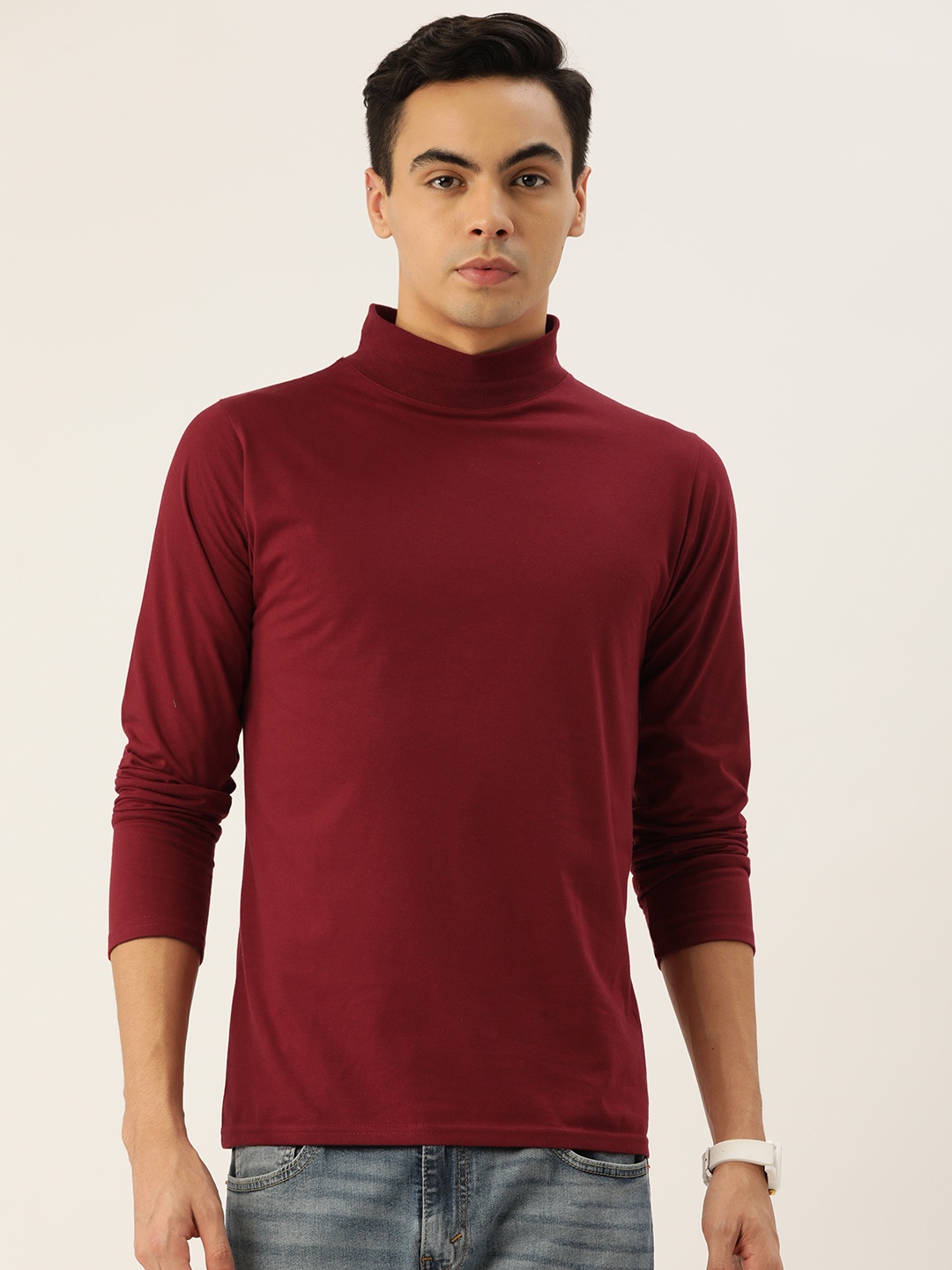 

FERANOID Men High Neck Bio Finish Pure Cotton T-shirt, Maroon