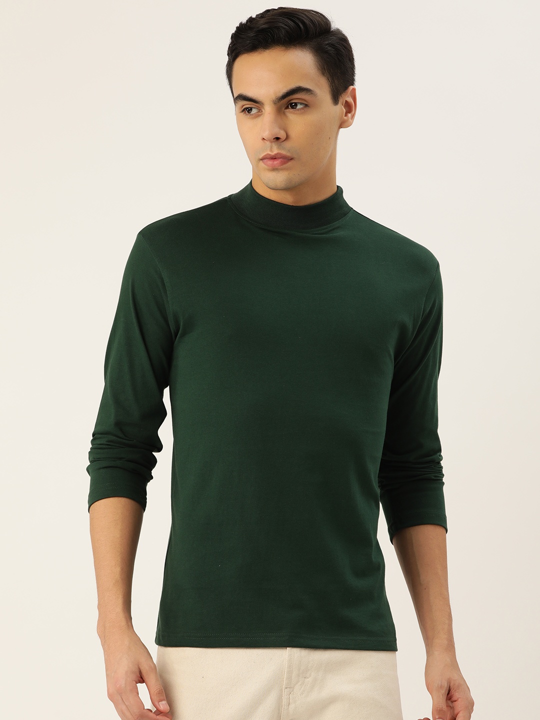 

FERANOID Men High Neck Bio Finish Pure Cotton T-shirt, Green