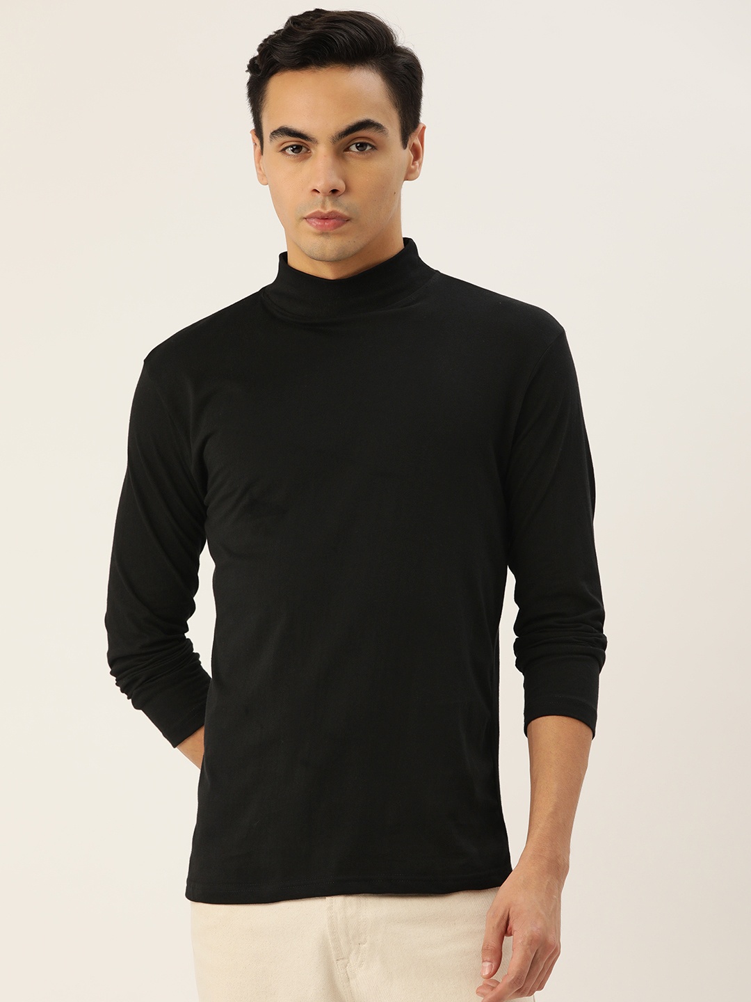 

FERANOID Men High Neck Bio Finish Pure Cotton T-shirt, Black