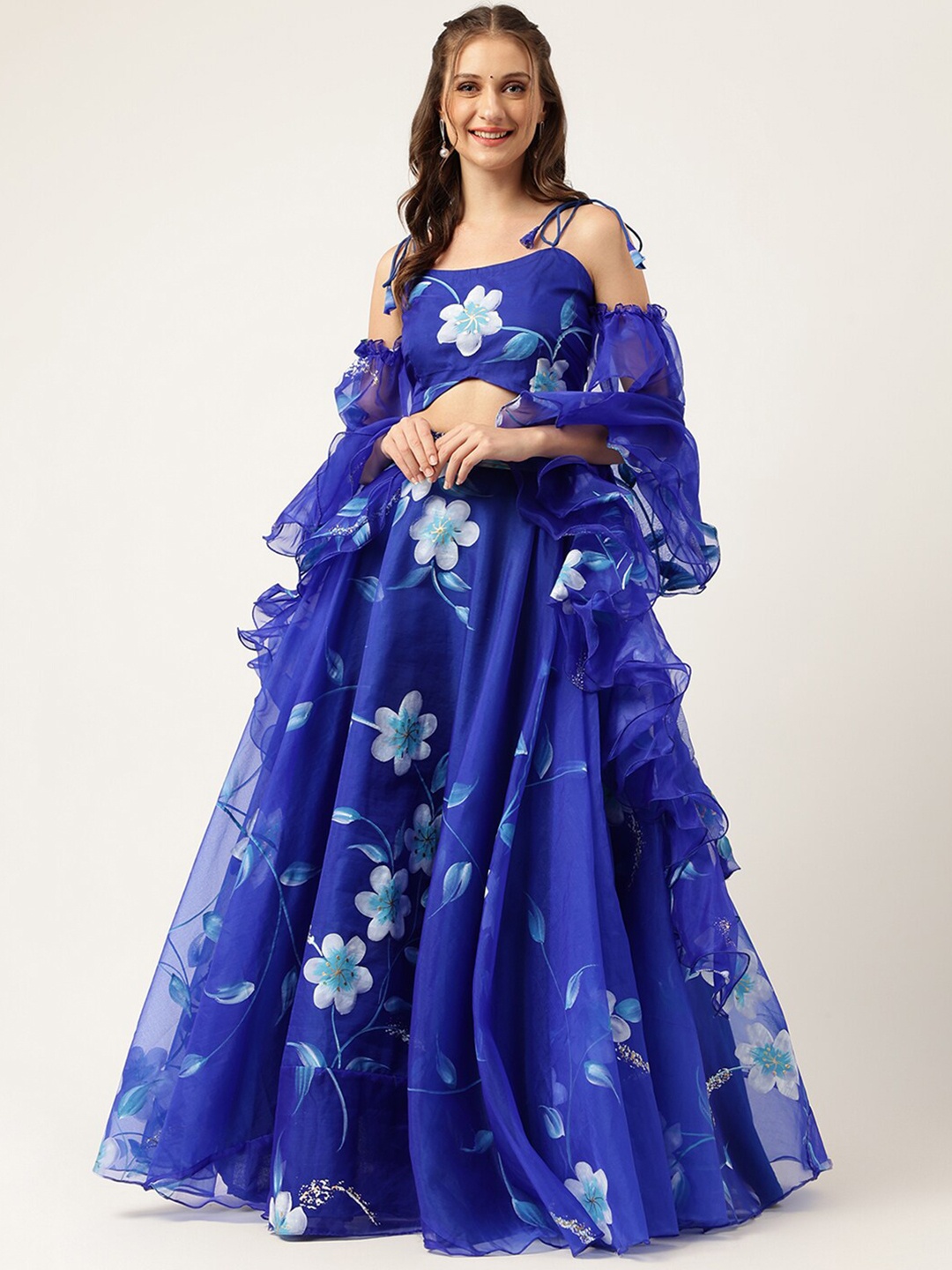 

KALINI Floral Hand Paited Organza Ready to Wear Lehenga & Blouse With Friled Dupatta, Blue