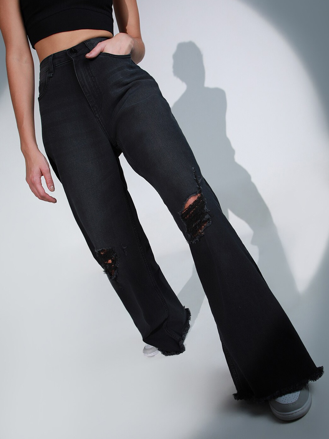 

Hubberholme Women Wide Leg High-Rise Slash Knee Stretchable Jeans, Black