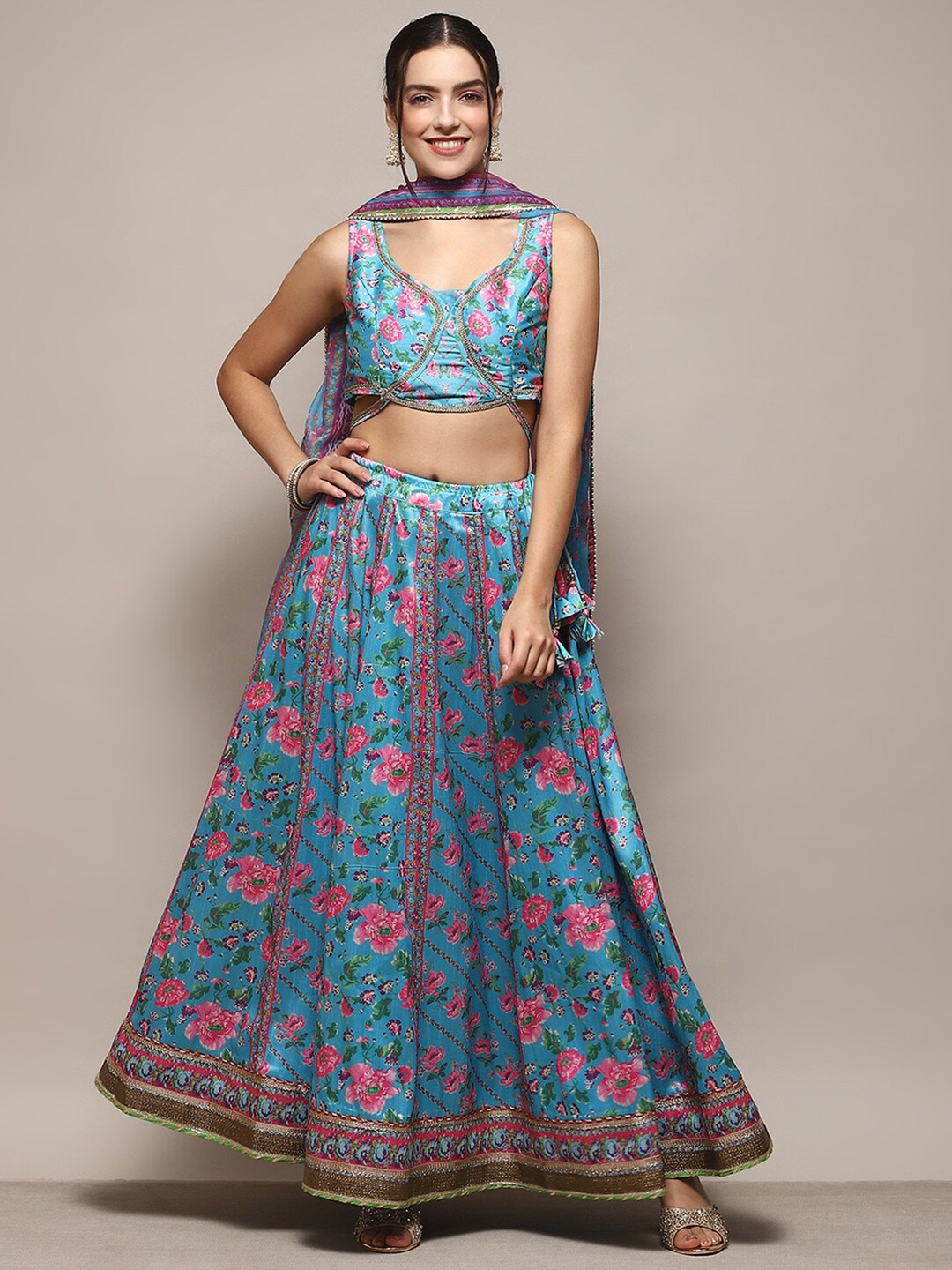 

Biba Floral Printed Round Neck Sleeveless Ready To Wear Lehenga & Blouse With Dupatta, Turquoise blue