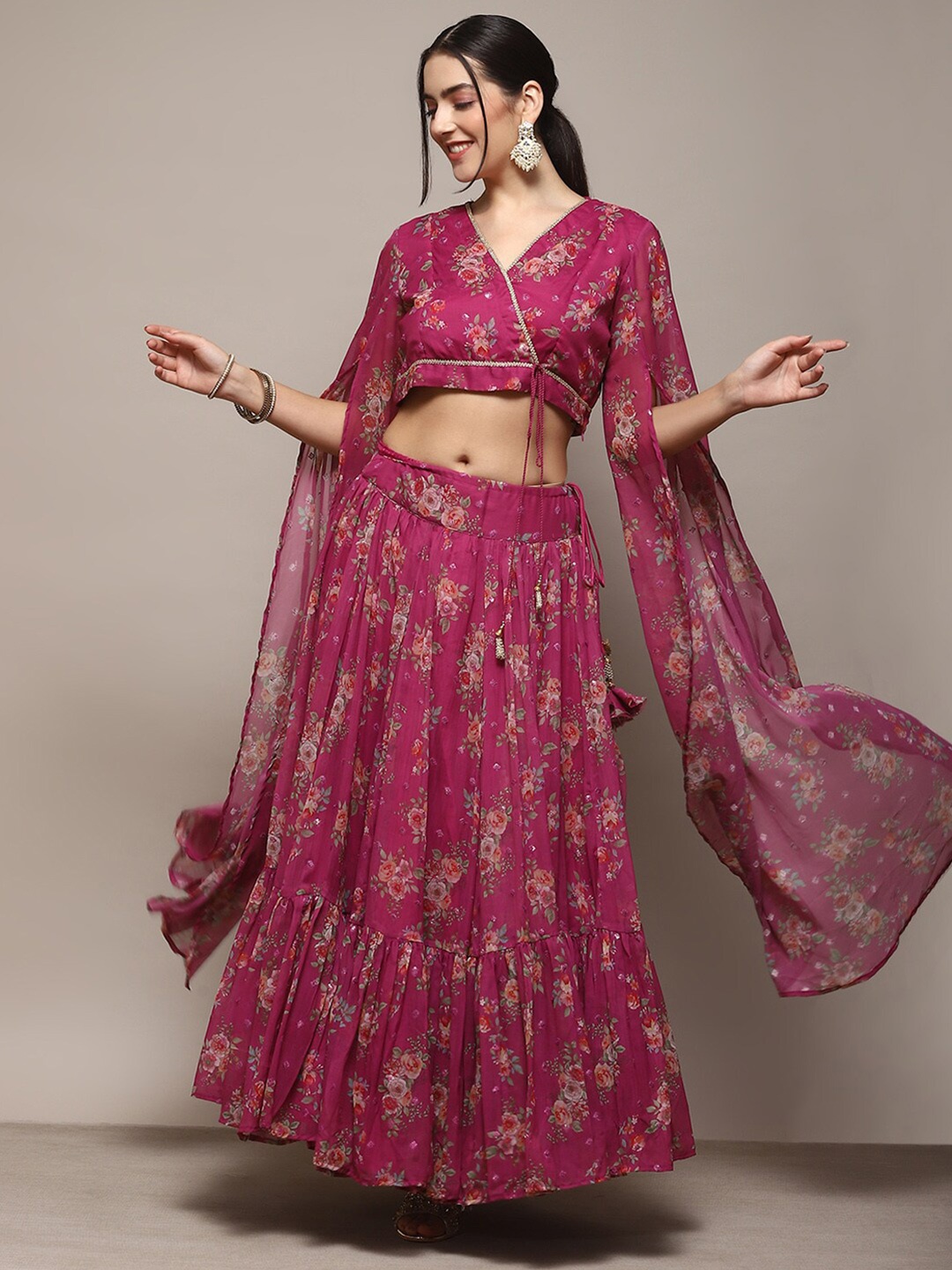 

Biba Floral Printed V-Neck Flared Sleeves Ready To Wear Lehenga Choli, Pink