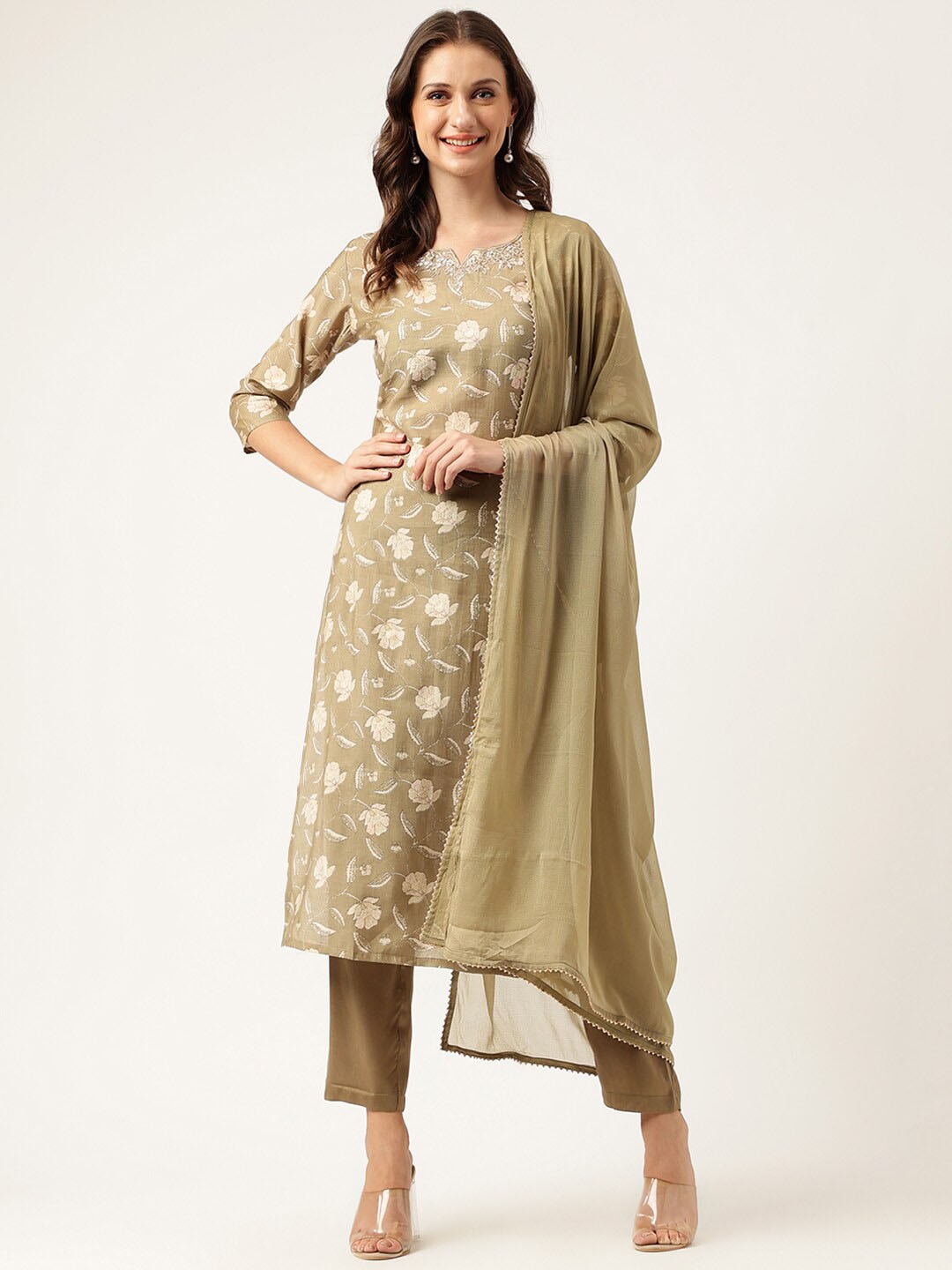 

KALINI Floral Printed Thread Work Pure Cotton Kurta with Trousers & Dupatta, Olive