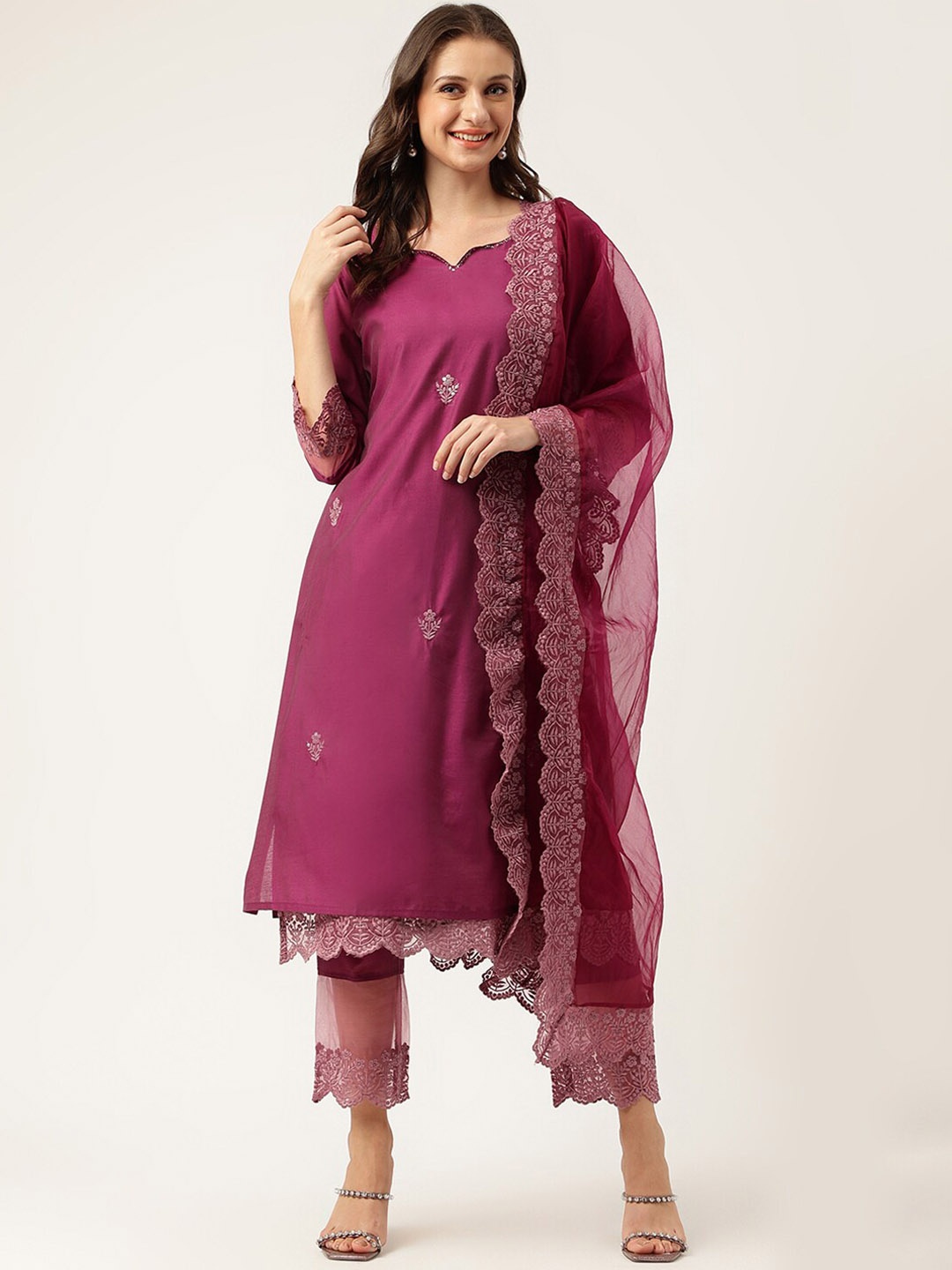 

KALINI Ethnic Motifs Embroidered Sequinned Straight Kurta & Trousers & Dupatta With Inner, Purple