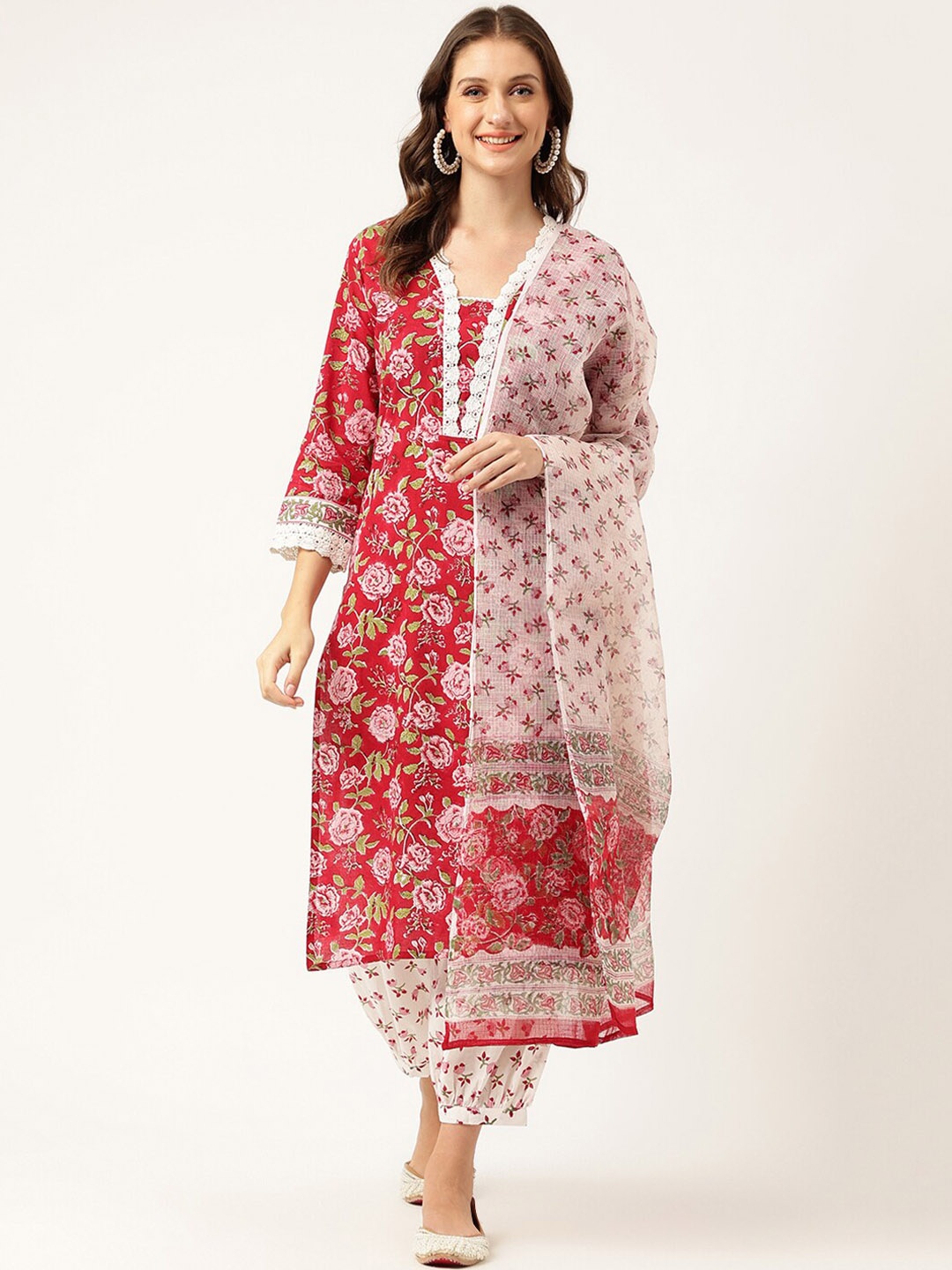 

KALINI Floral Printed V-Neck Pure Cotton Kurta With Salwar & Dupatta, Maroon