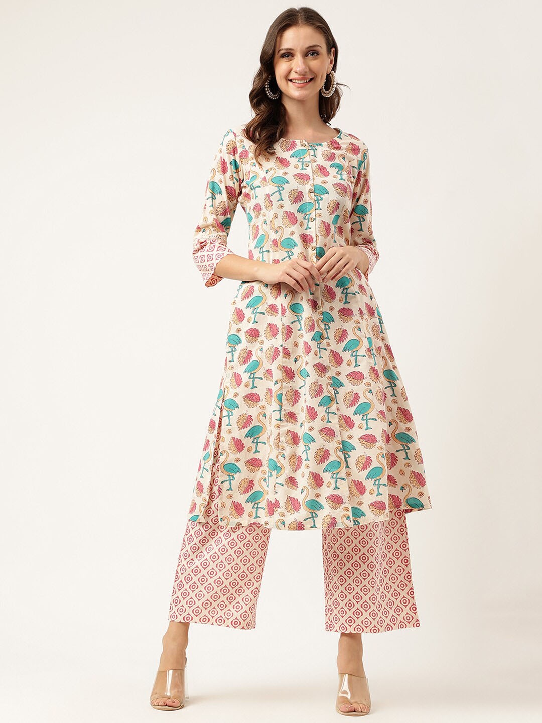 

KALINI Floral Printed Pure Cotton A-Line Kurta With Palazzo, Cream