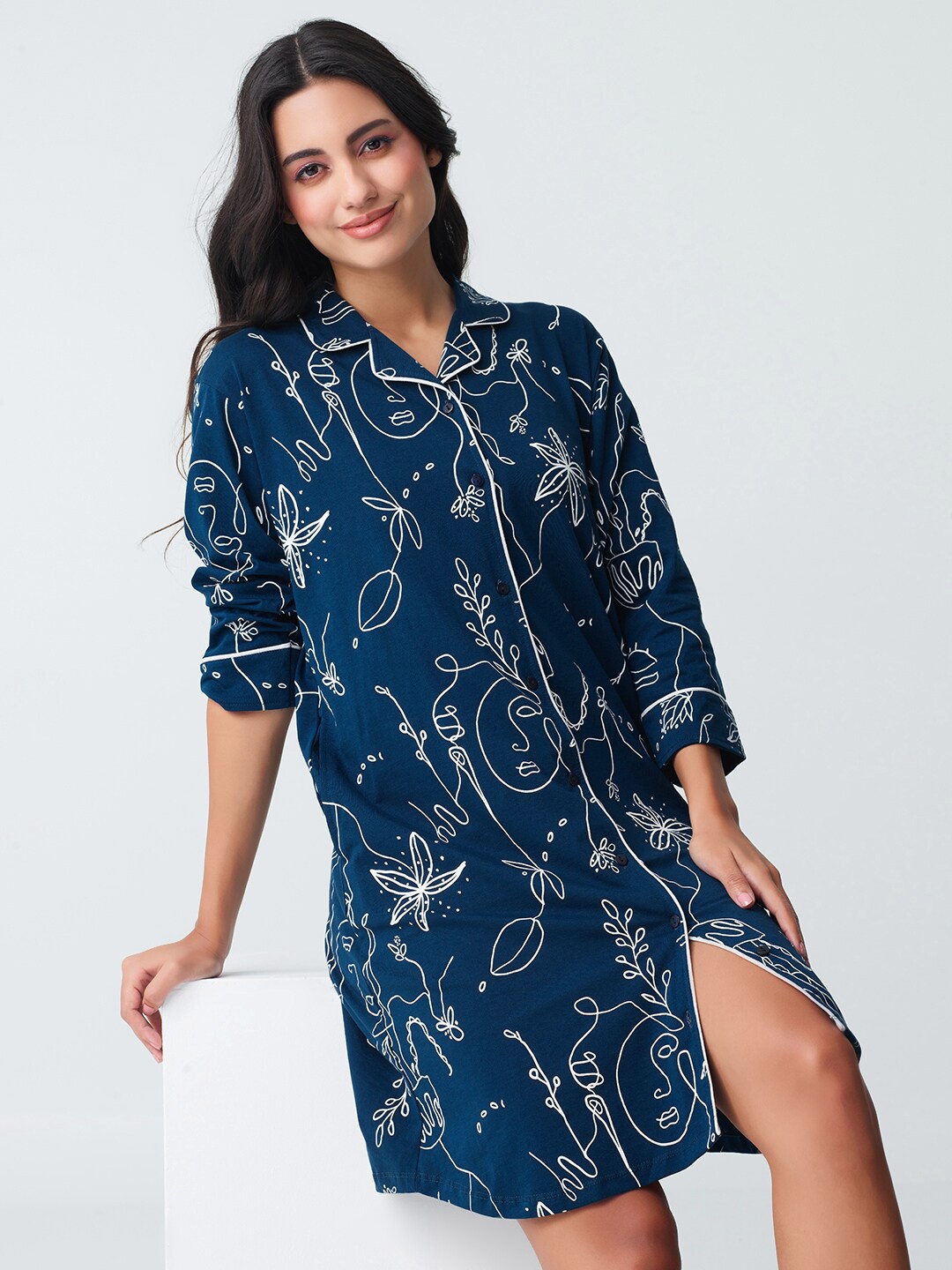 

I like me Printed Cotton Shirt Nightdress, Blue