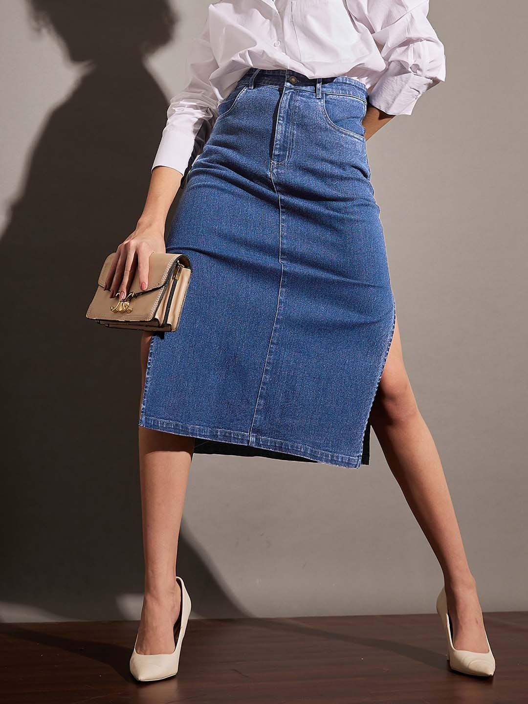 

SASSAFRAS Blue Side Slit A-Line Midi Skirt