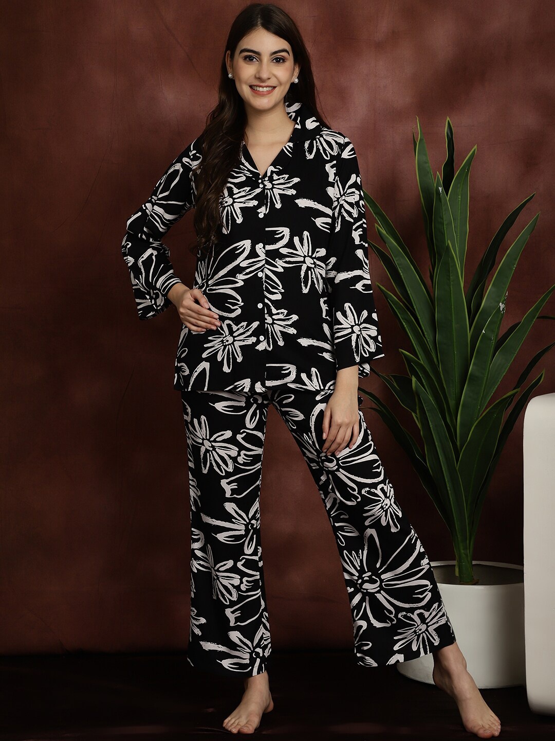 

Boston Club Floral Printed Shirt With Pyjamas, Black