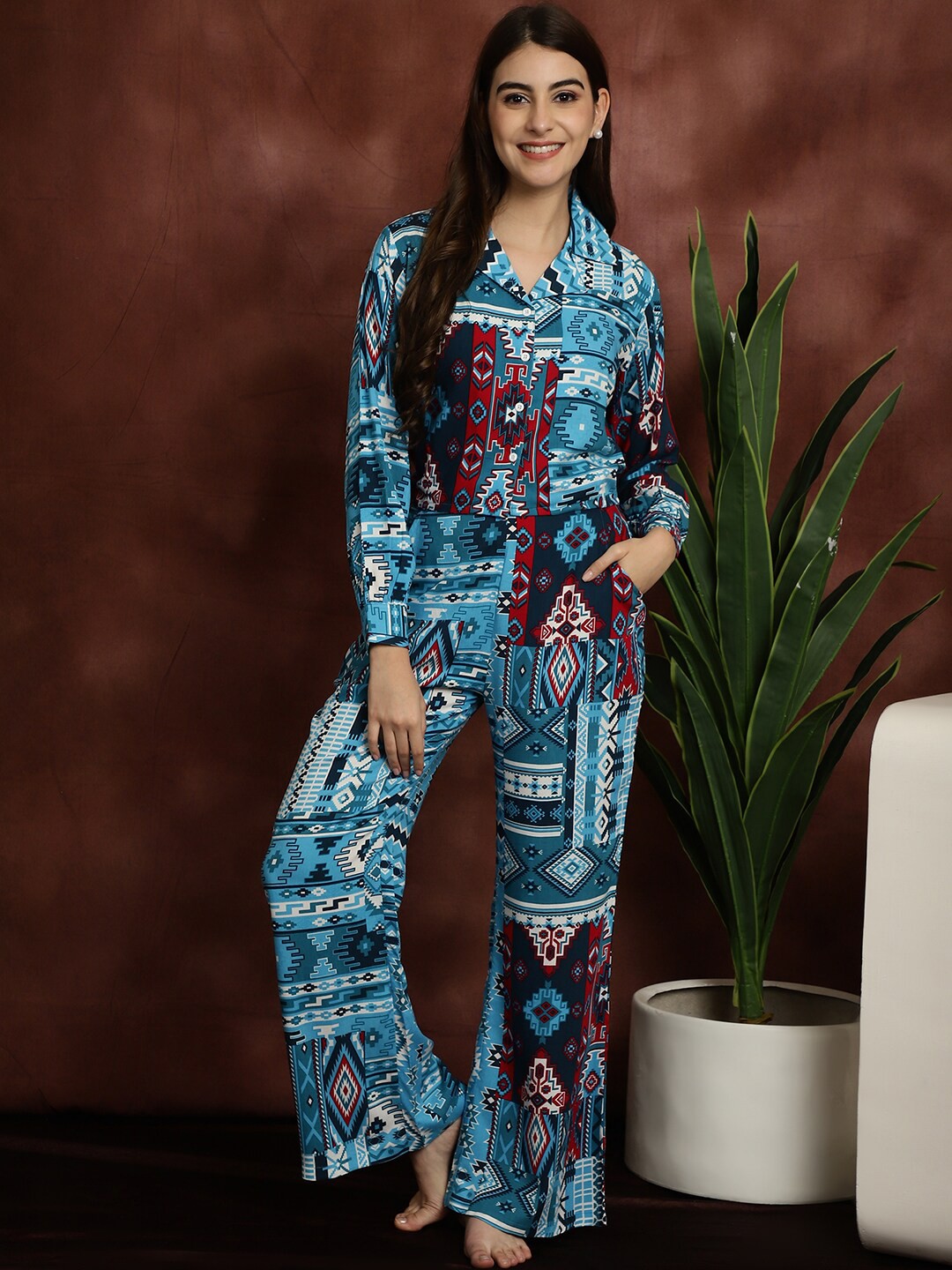

Boston Club Ethnic Motifs Printed Shirt With Pyjamas, Blue