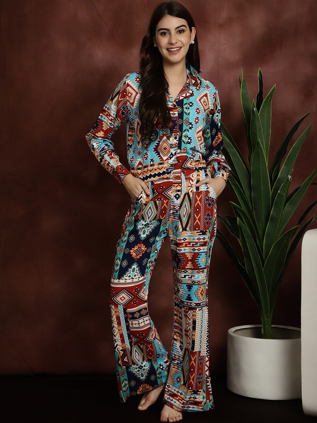 

Boston Club Ethnic Motifs Printed Shirt With Pyjamas, Blue