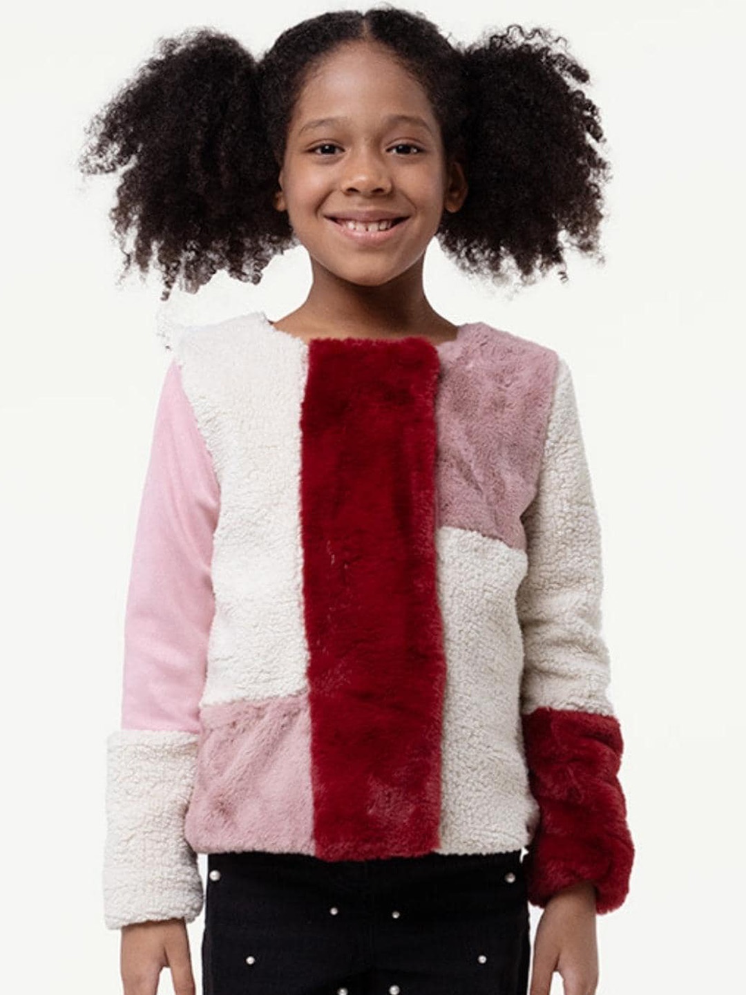 

One Friday Girls Colourblocked Round Neck Long Sleeves Faux Fur Trim Tailored Jacket, Pink